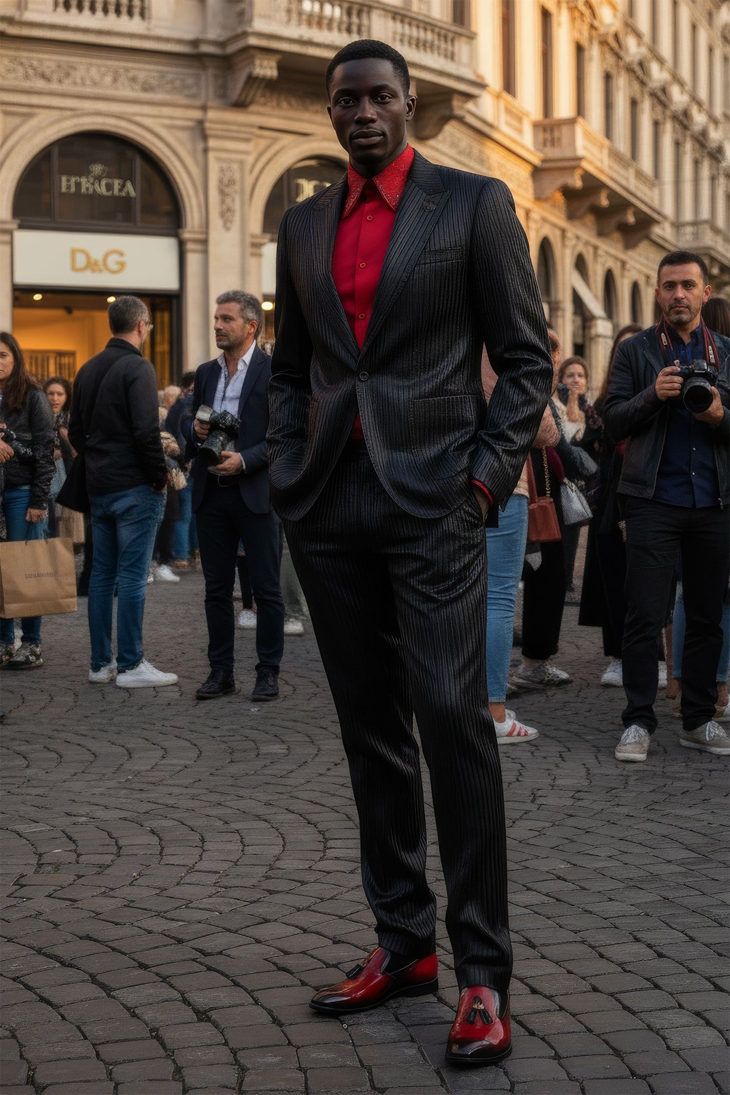 Barabas Men's Faux Leather Textured Pattern Peak Lapel Suit 5SU54 Black