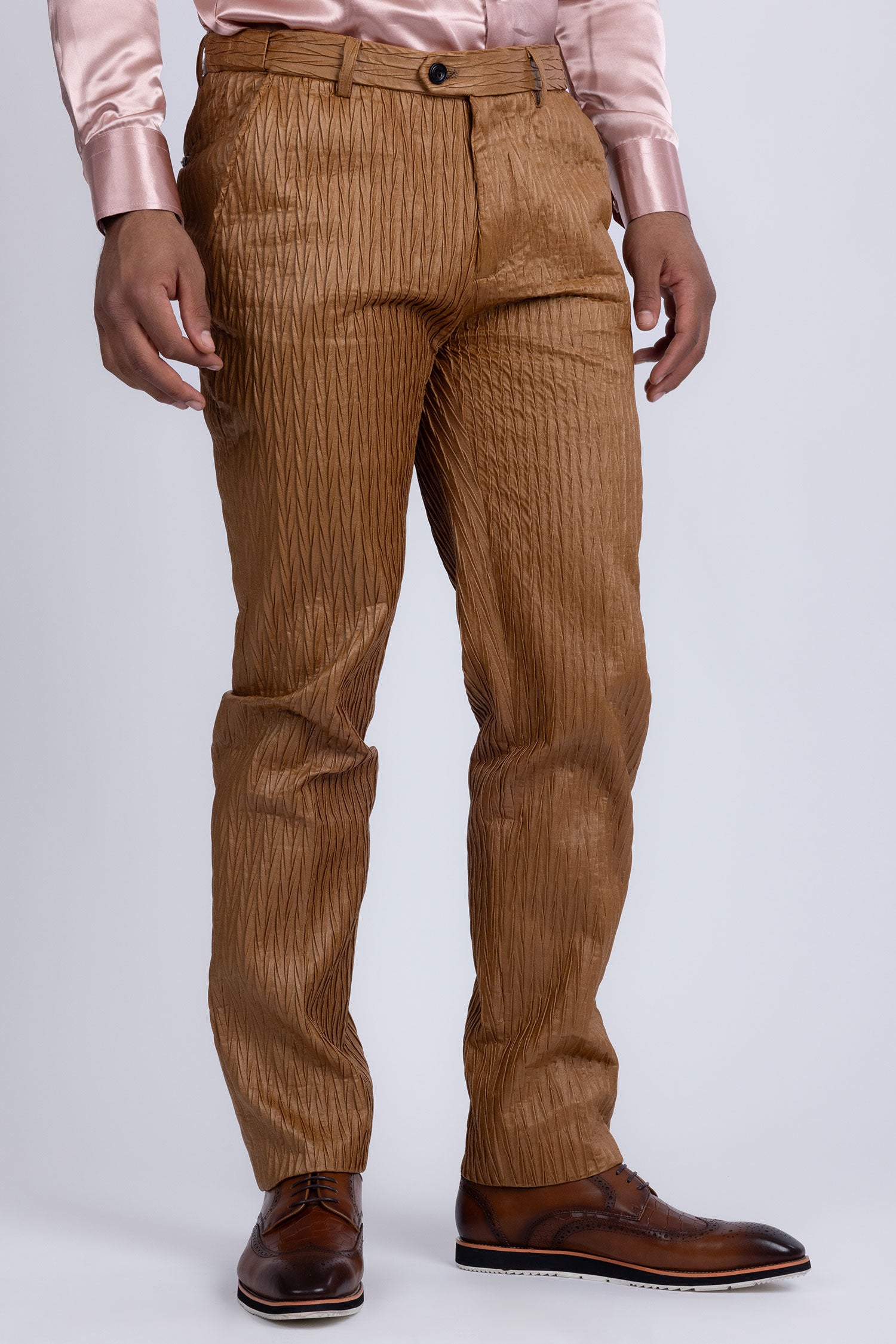 Barabas Men's Faux Leather Textured Pattern Peak Lapel Suit 5SU54 Cognac