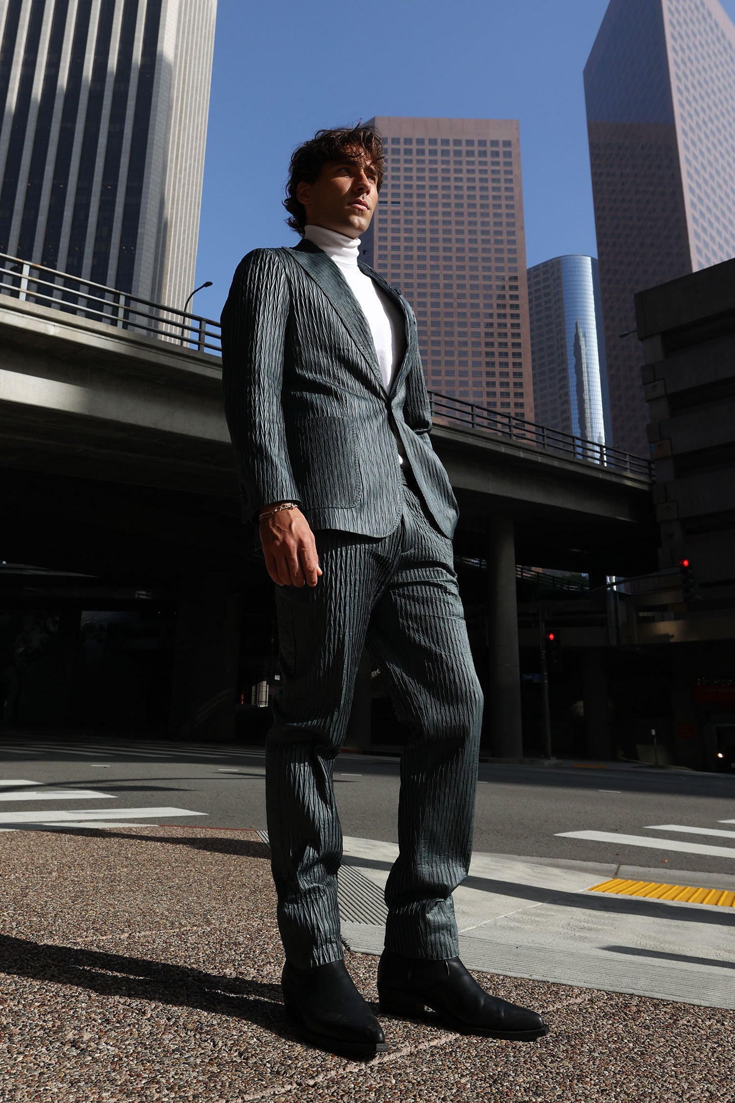 Barabas Men's Faux Leather Textured Pattern Peak Lapel Suit 5SU54 Deep Teal