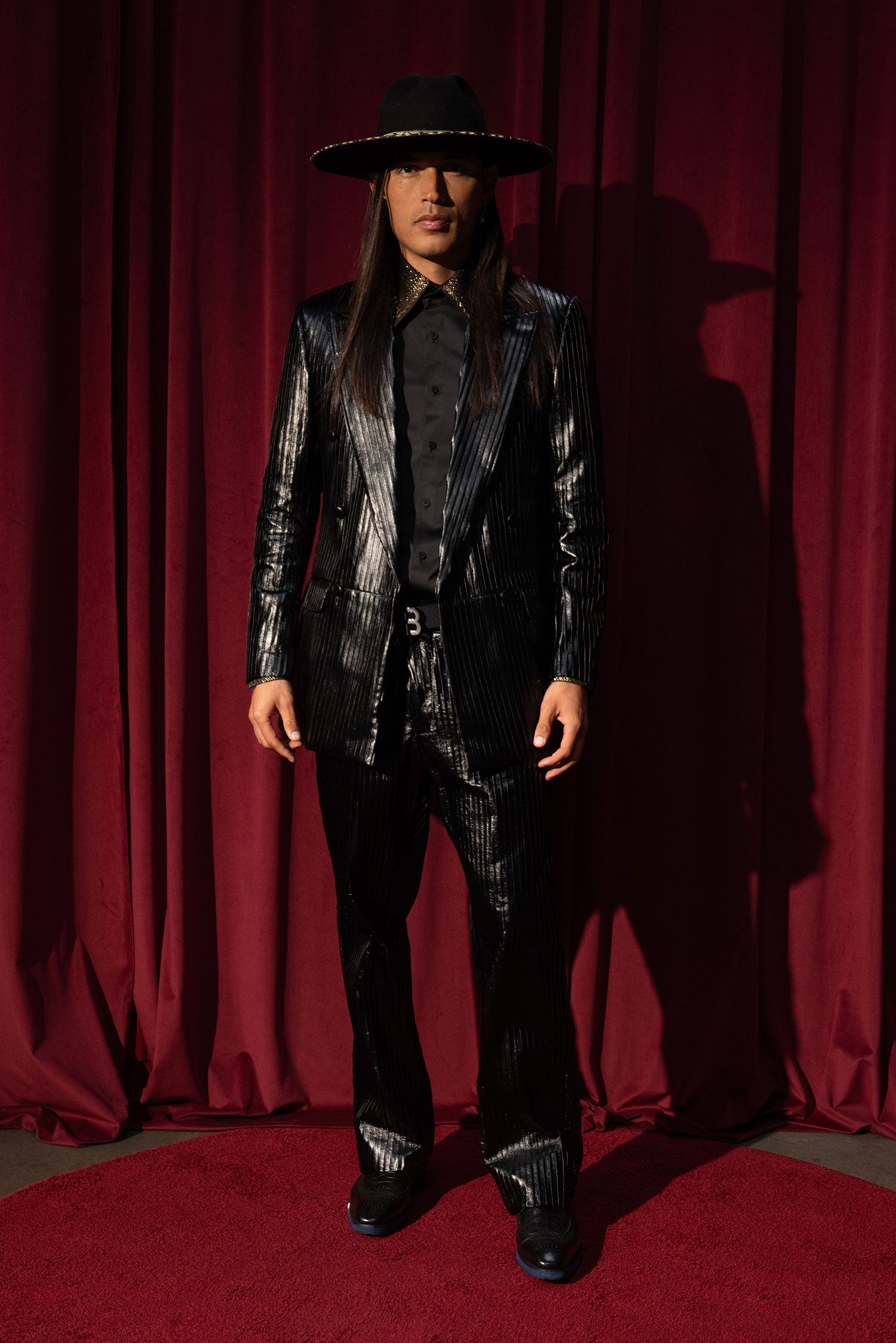 Barabas Men's Faux Leather Striped Pattern Peak Lapel Suit 5SU55 Black