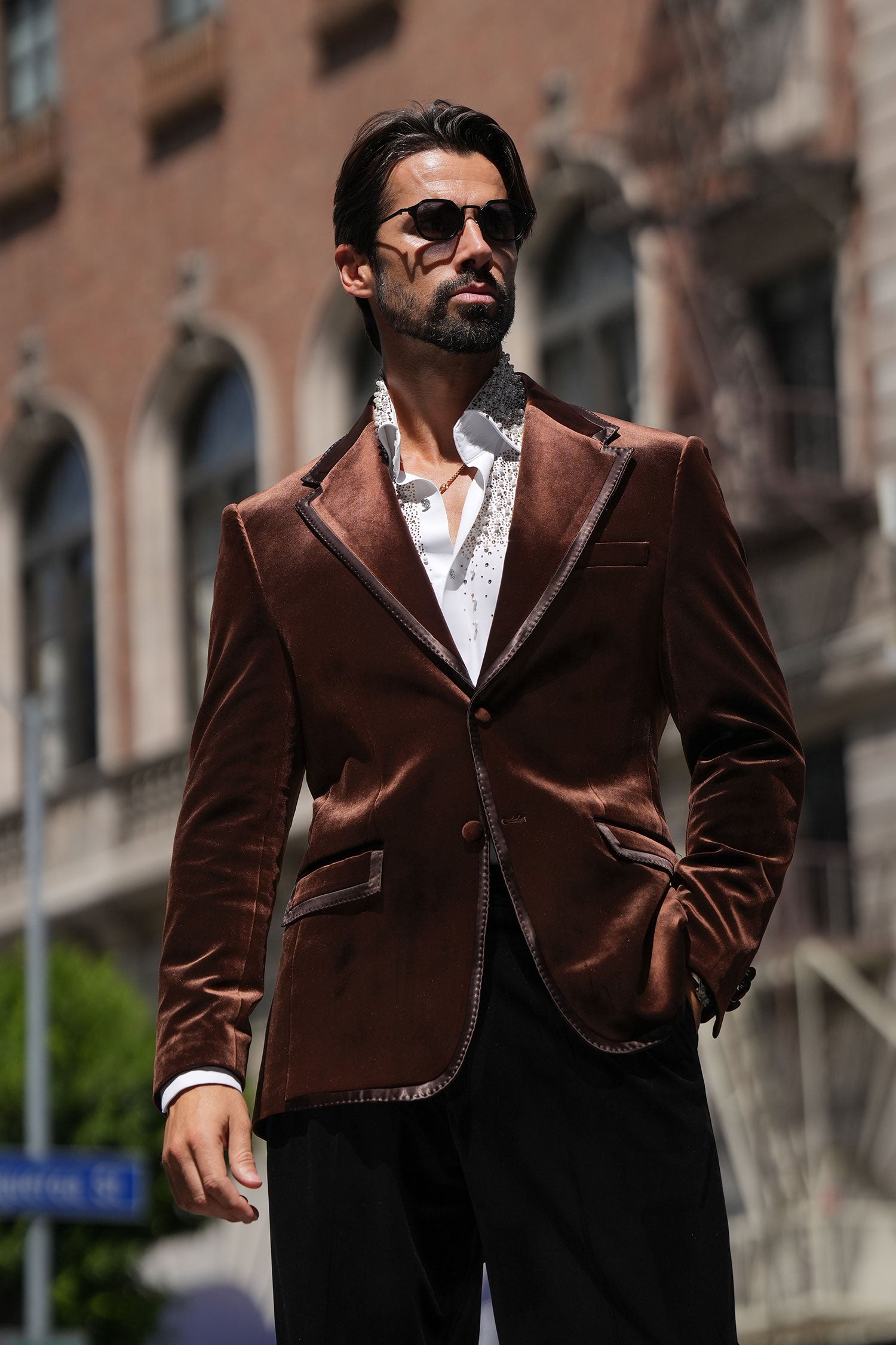 Barabas Men's Velvet Shiny Design Notch Lapel Blazer 5BL18 Coffee