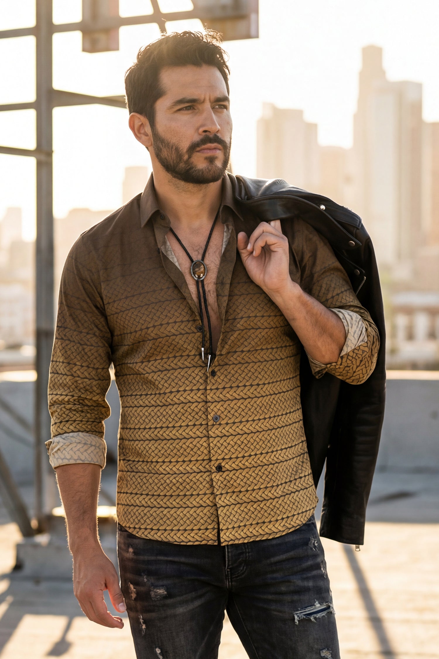 Barabas Men's Geometric Rope Strand Stretch Long Sleeve Shirts 6B01 Brown