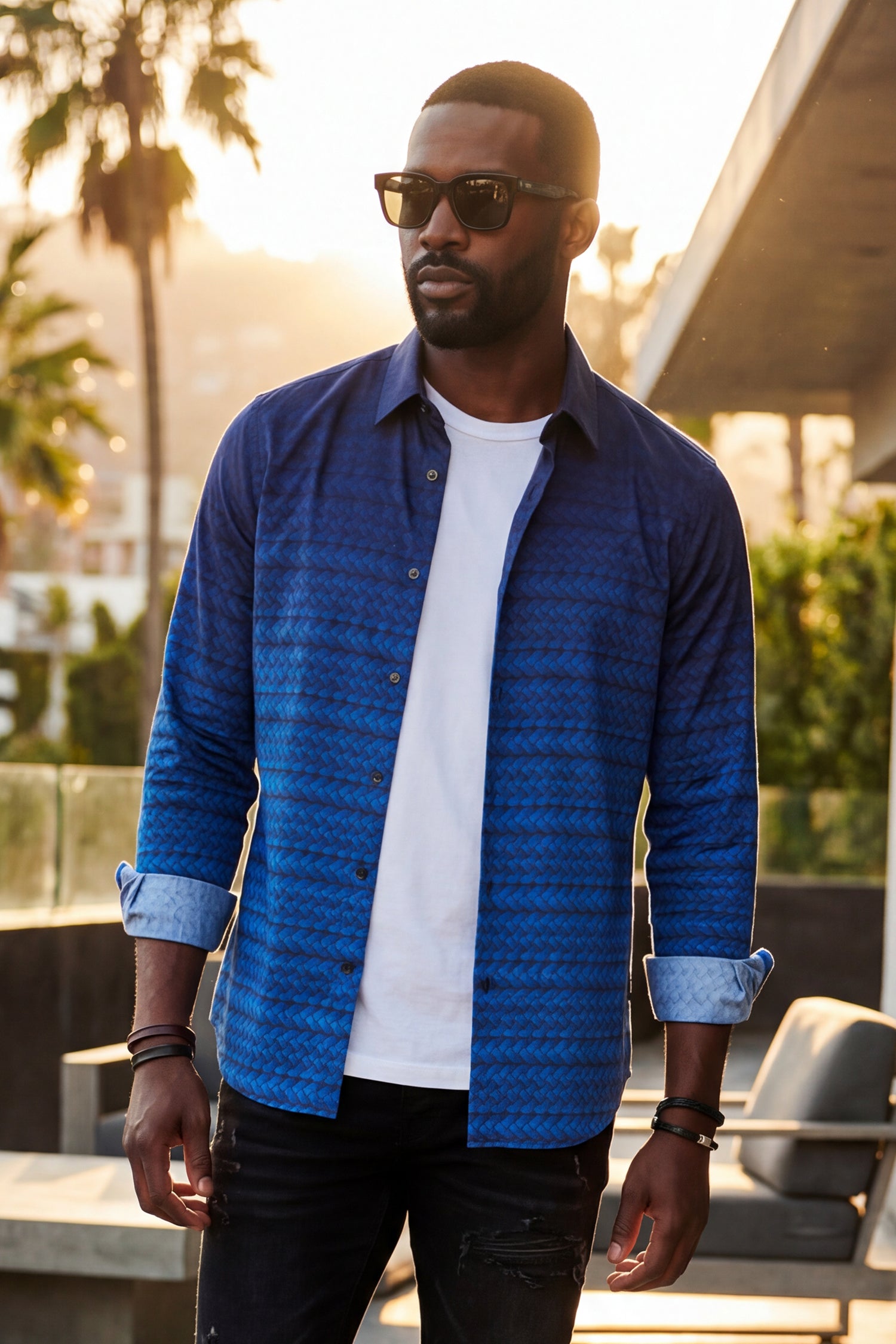 Barabas Men's Geometric Rope Strand Stretch Long Sleeve Shirts 6B01 Blue 