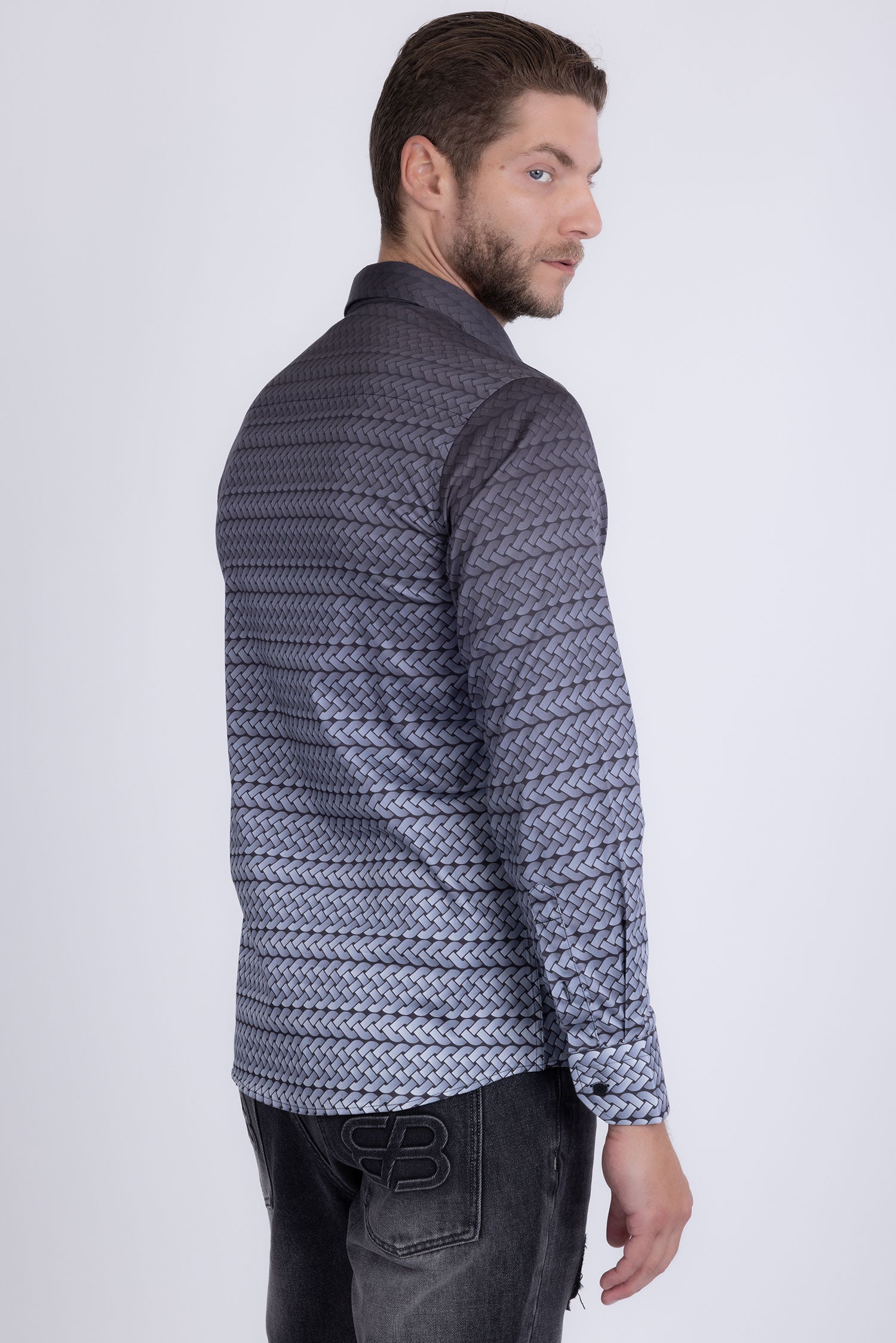 Barabas Men's Geometric Rope Strand Stretch Long Sleeve Shirts 6B01 Grey