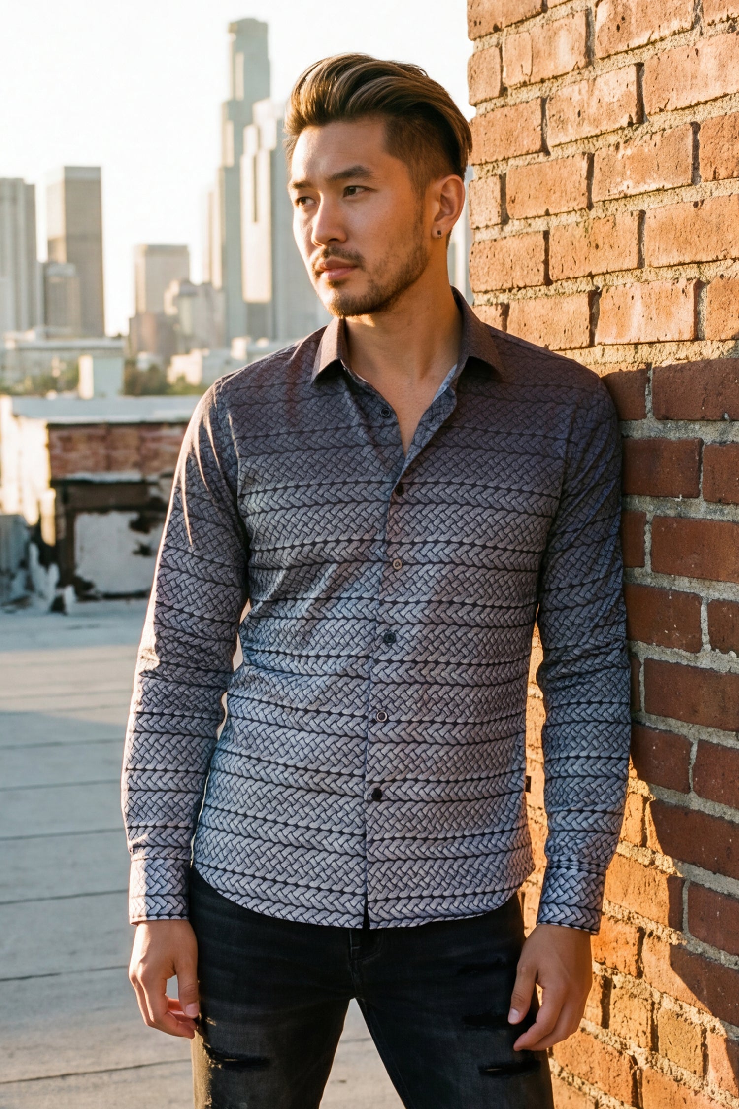 Barabas Men's Geometric Rope Strand Stretch Long Sleeve Shirts 6B01 Grey