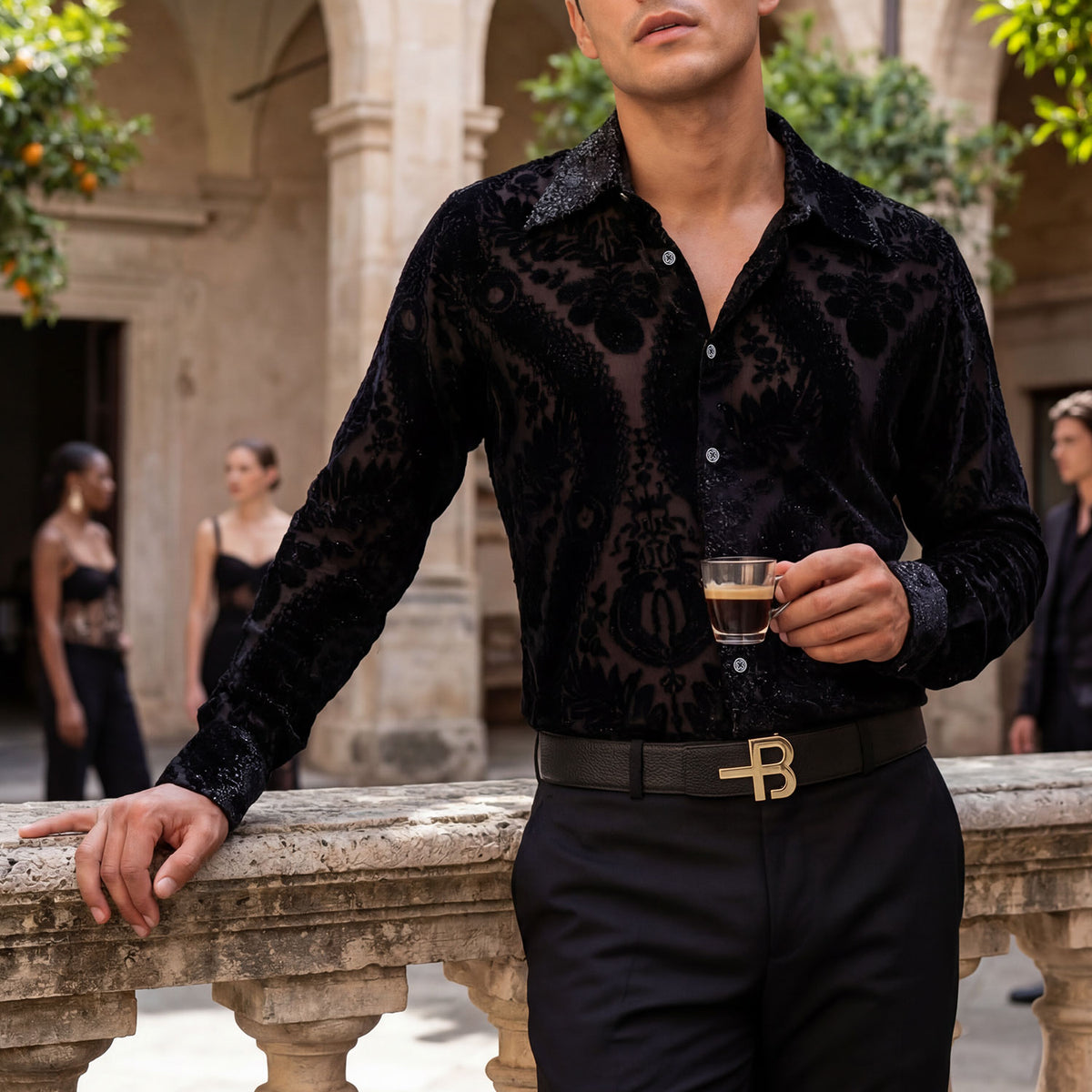 dress shirt semi formal baroque attire for men Barabas Men's See Through Floral Embroidered Baroque Shirt 6B02 Black Beauty / 6XL