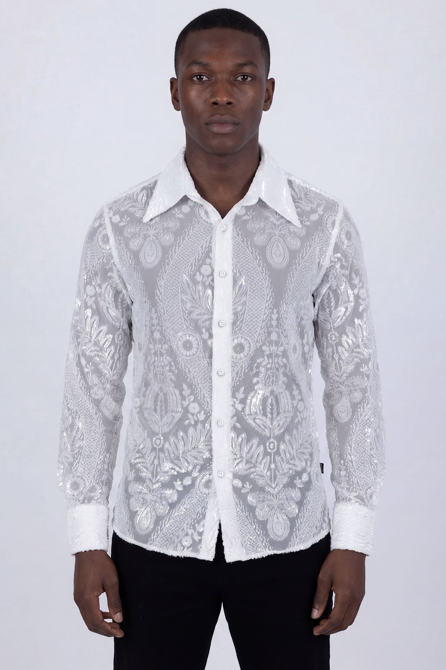 Barabas Men's See Through Floral Embroidered Baroque Shirt 6B02 White