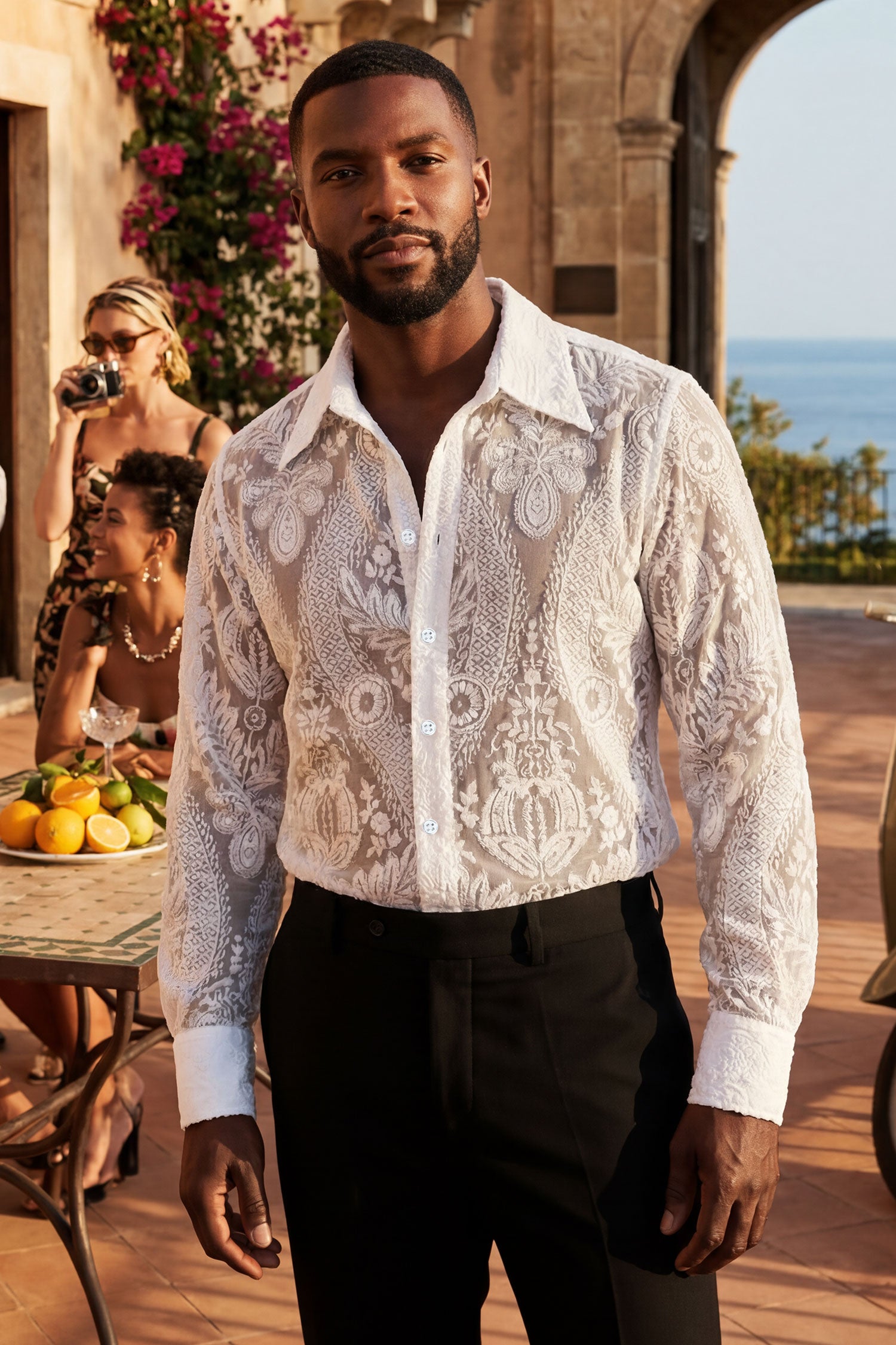 Barabas Men's See Through Floral Embroidered Baroque Shirt 6B02 Whisper White