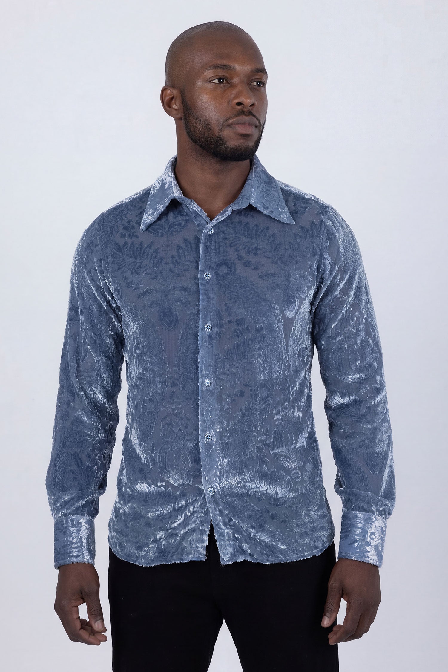 Barabas Men's See Through Floral Embroidered Baroque Shirt 6B02 Blue