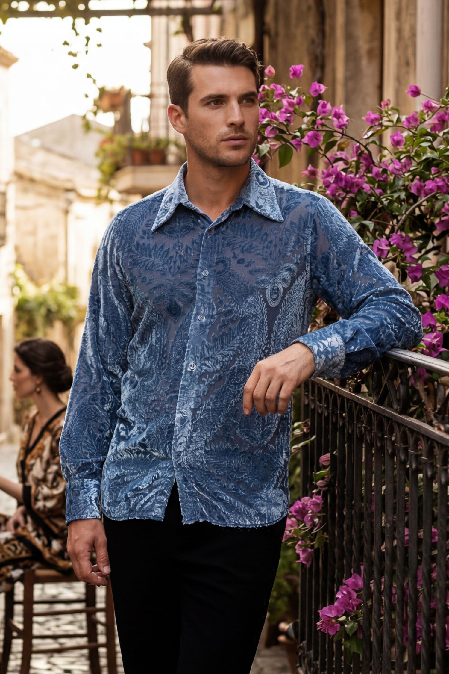 Barabas Men's See Through Floral Embroidered Baroque Shirt 6B02 Windsurfer