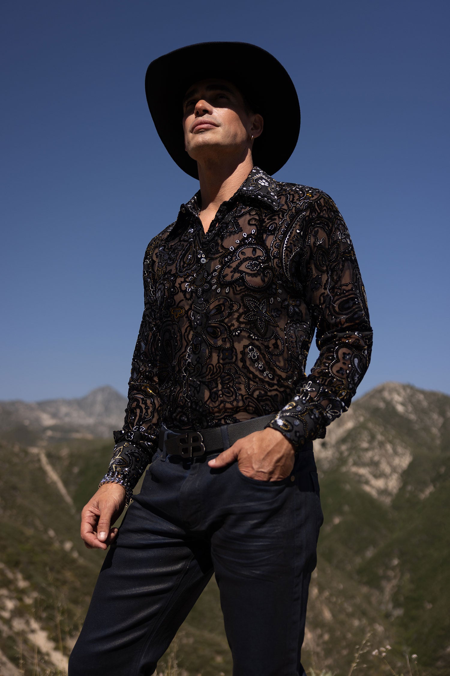 Barabas Men's Paisley Floral See Through Long Sleeve Shirts 6B04 Black
