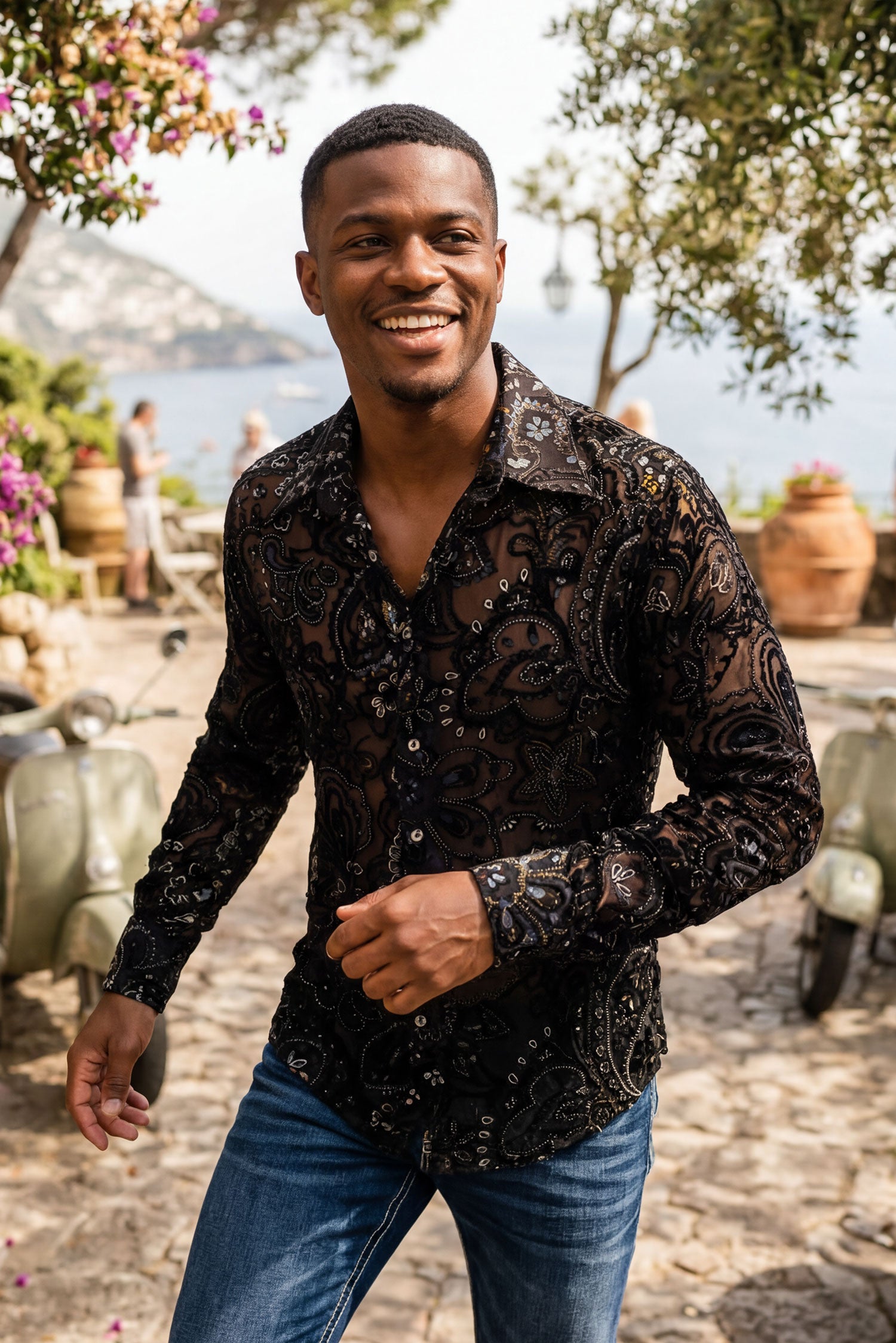 Barabas Men's Paisley Floral See Through Long Sleeve Shirts 6B04 Black