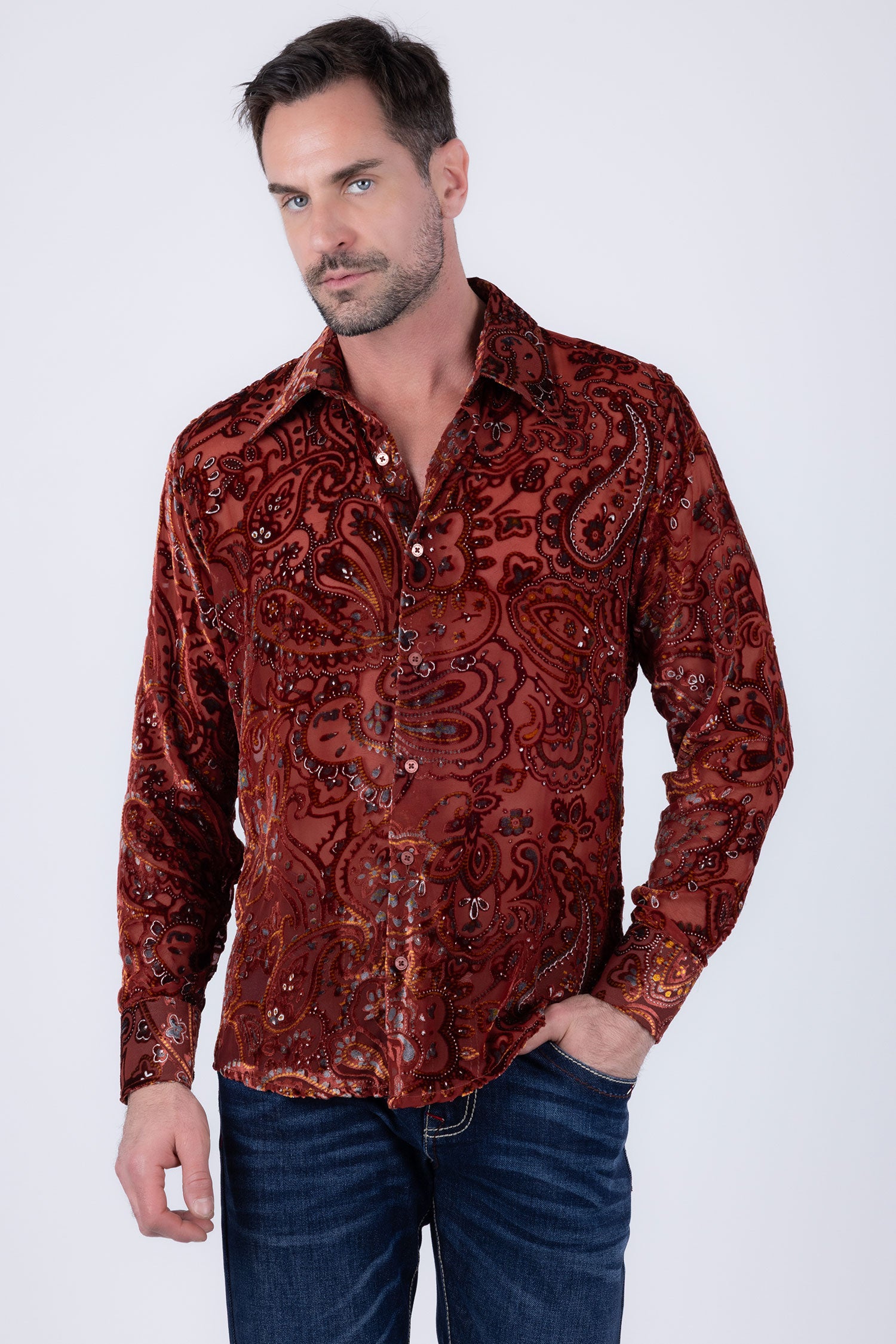 Barabas Men's Paisley Floral See Through Long Sleeve Shirts 6B04 Brick