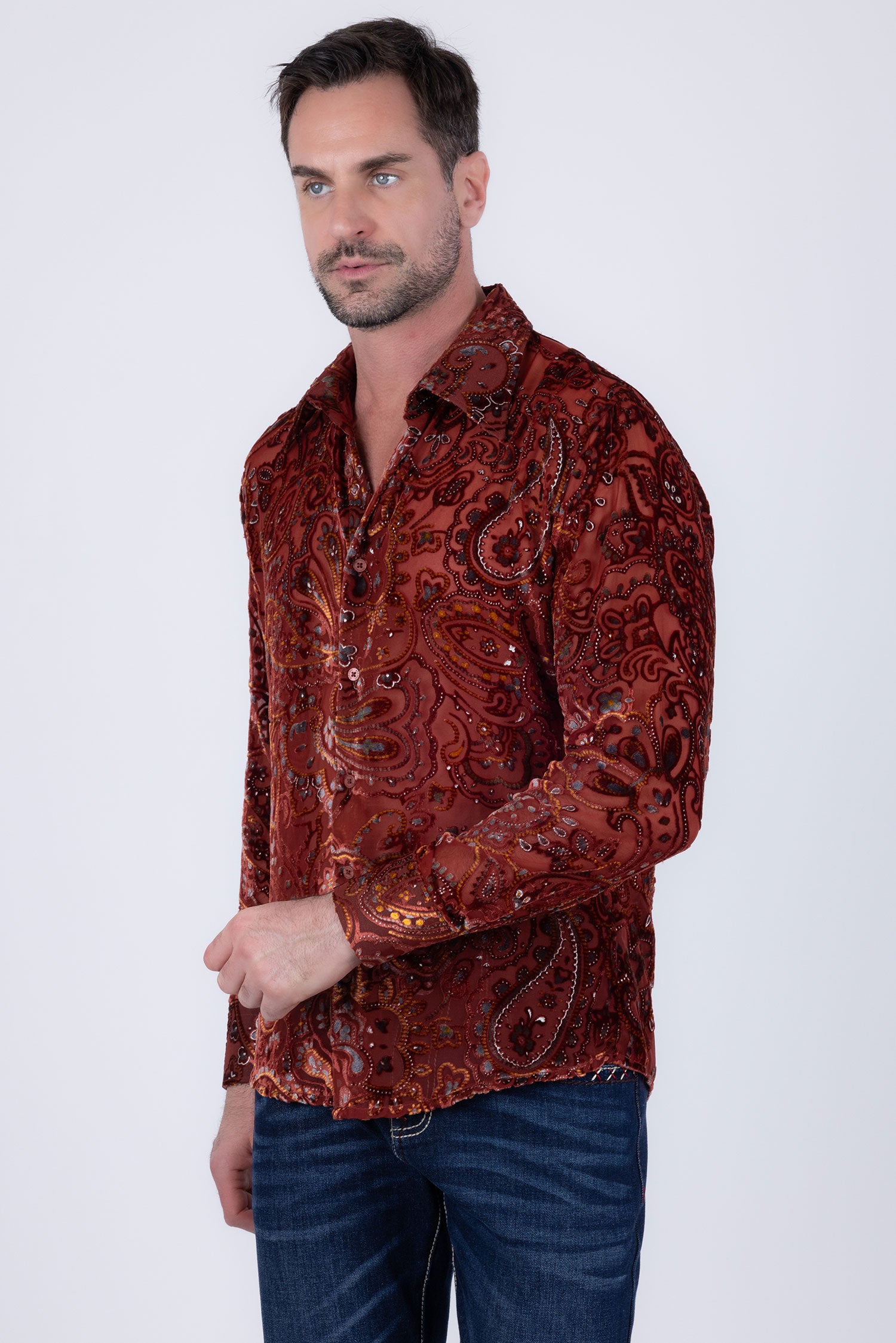 Barabas Men's Paisley Floral See Through Long Sleeve Shirts 6B04 Red