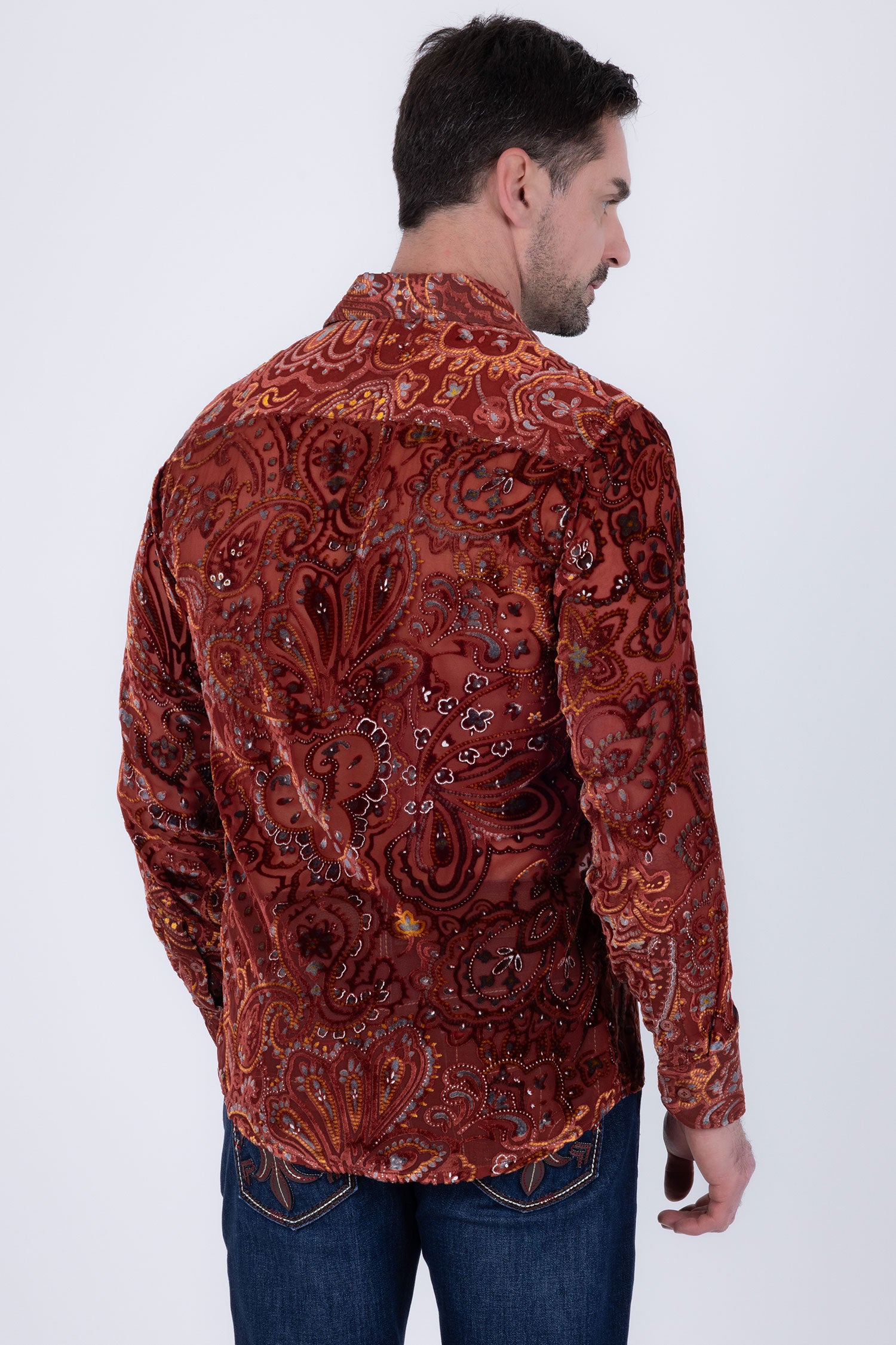Barabas Men's Paisley Floral See Through Long Sleeve Shirts 6B04 Burgundy