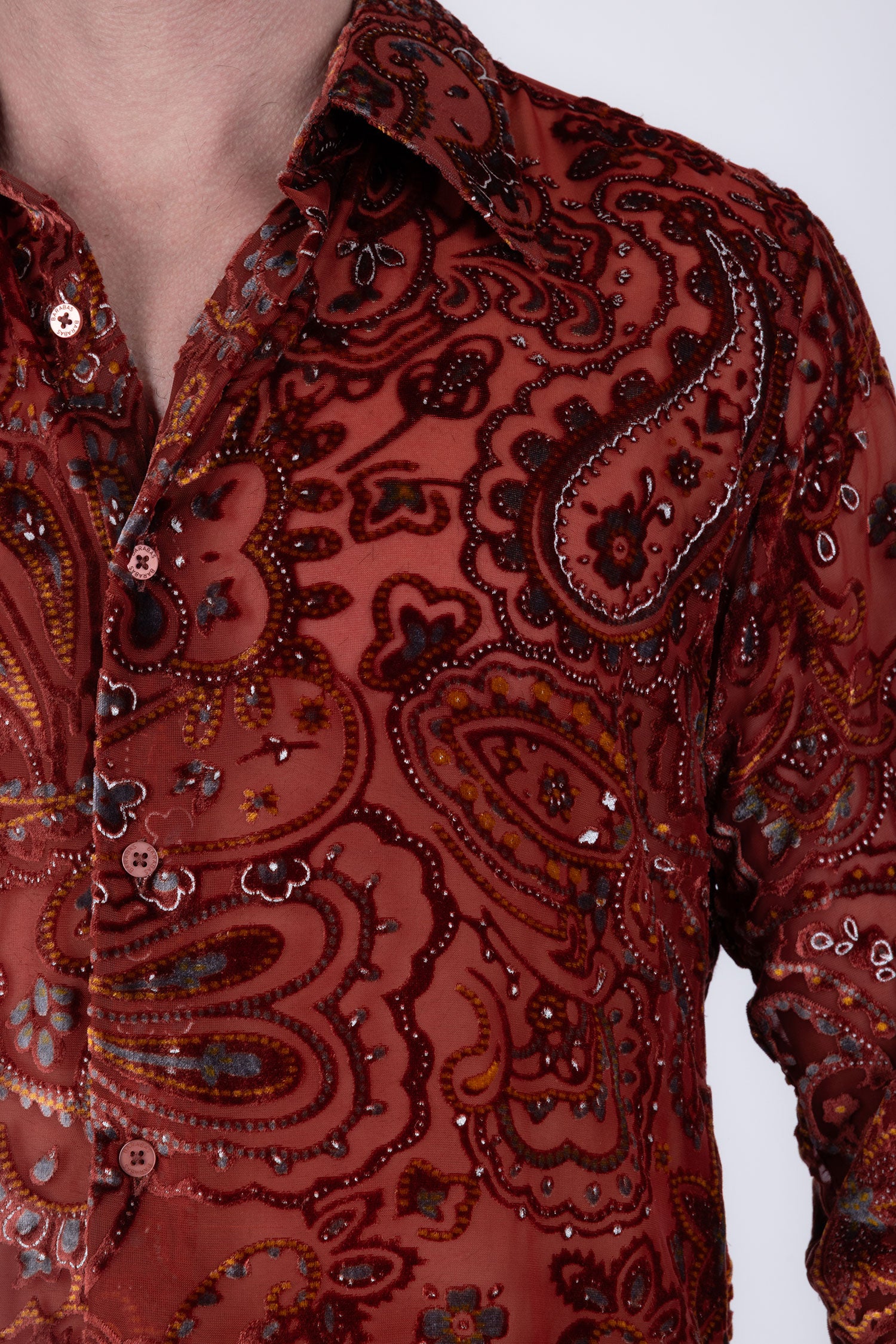 Barabas Men's Paisley Floral See Through Long Sleeve Shirts 6B04 Red