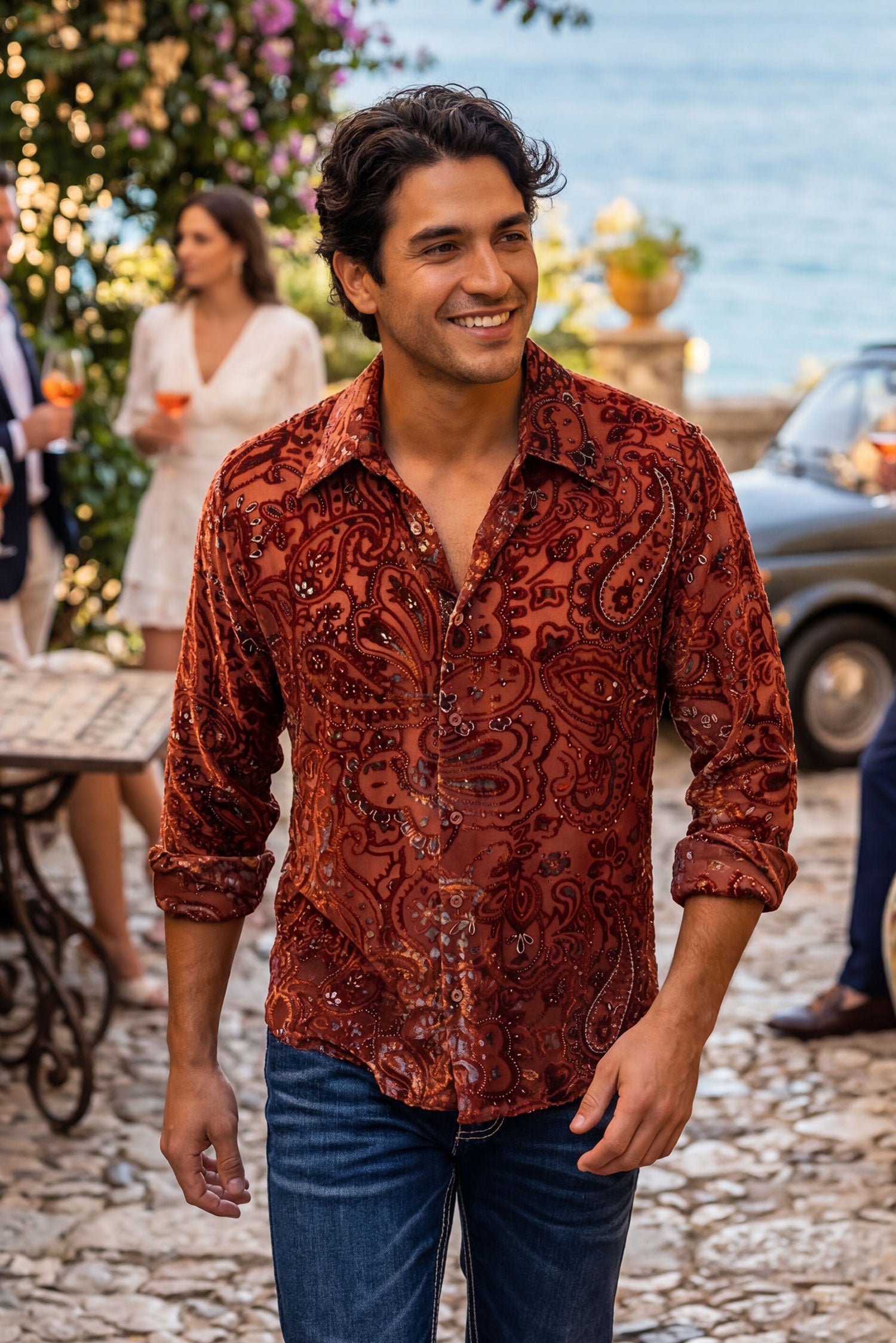 Barabas Men's Paisley Floral See Through Long Sleeve Shirts 6B04 Brick