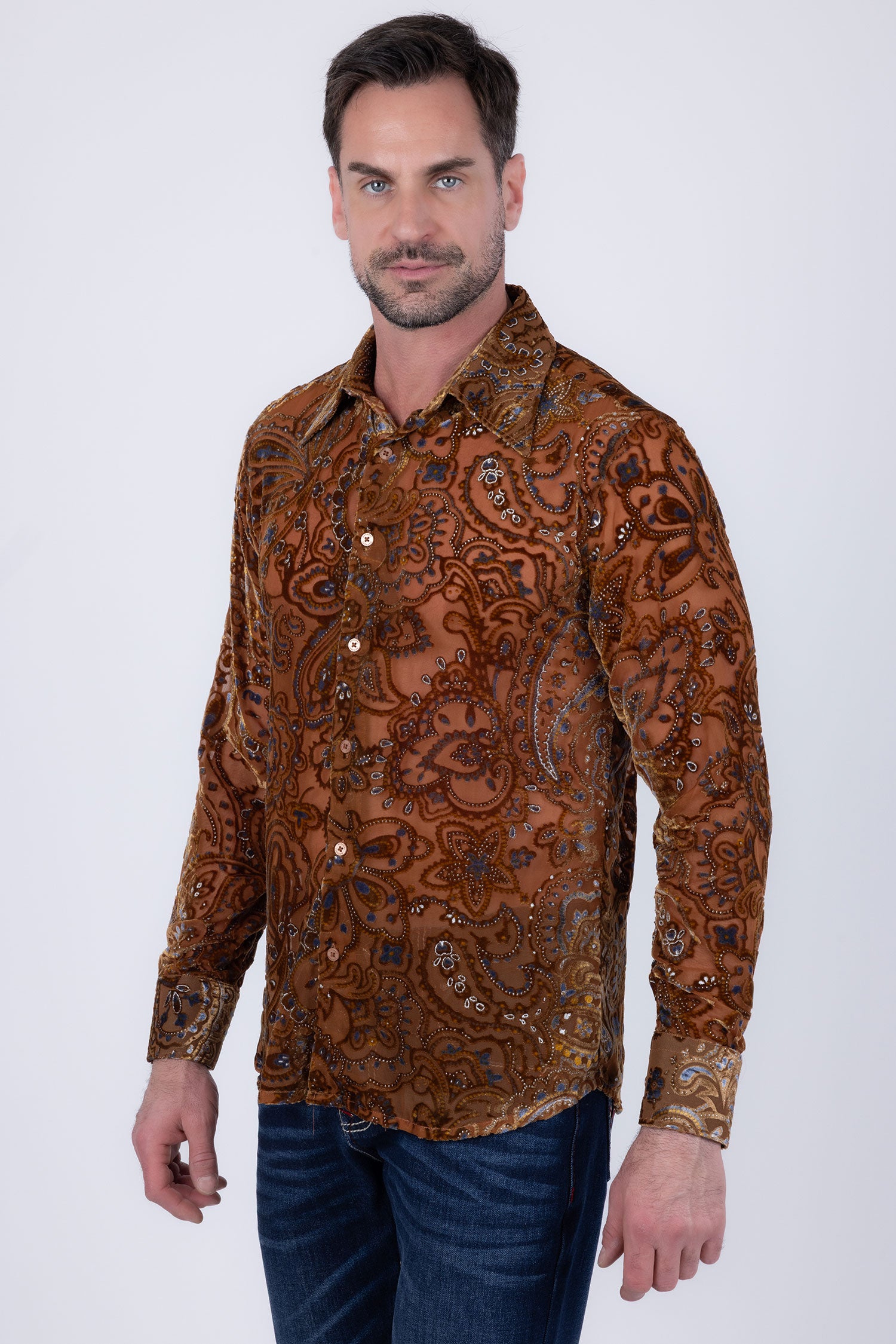 Barabas Men's Paisley Floral See Through Long Sleeve Shirts 6B04 Brown