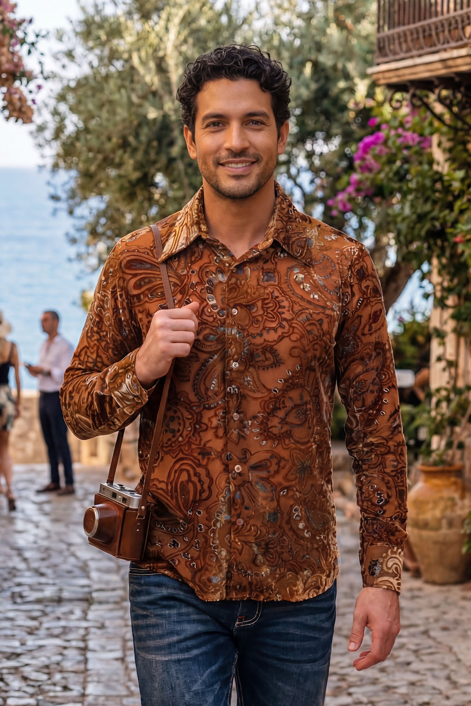 Barabas Men's Paisley Floral See Through Long Sleeve Shirts 6B04 Gold
