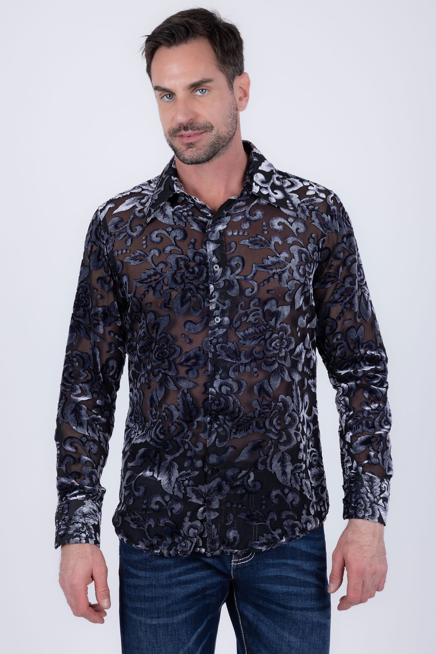 Barabas Men's See Through Floral Pattern Long Sleeve Shirts 6B05 Silver