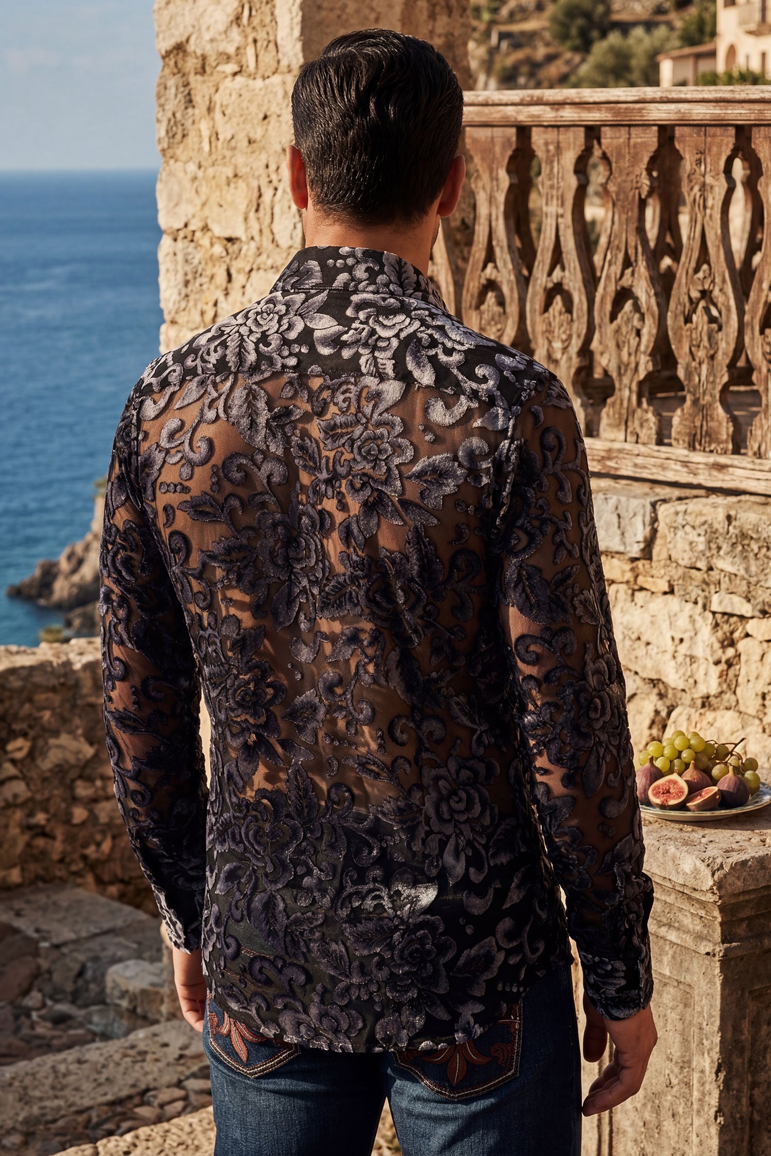 Barabas Men's See Through Floral Pattern Long Sleeve Shirts 6B05 Black