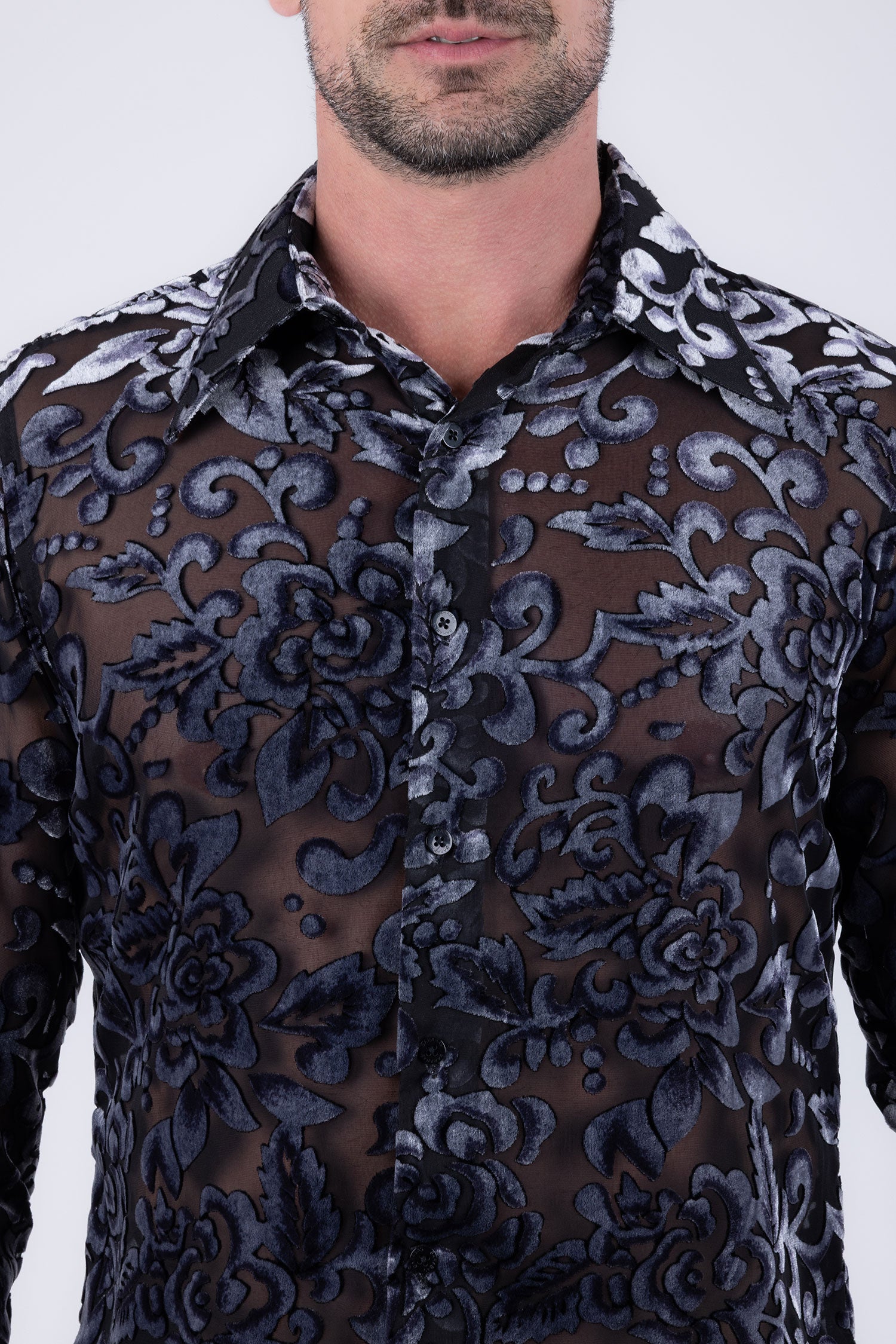 Barabas Men's See Through Floral Pattern Long Sleeve Shirts 6B05 Black
