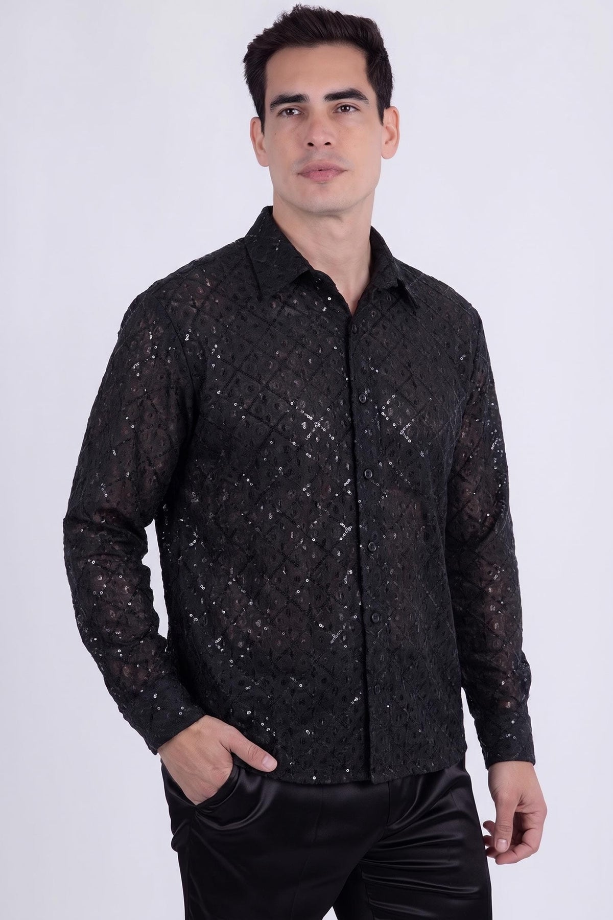 Men's See-Through Sequins Geometric Long-Sleeve Shirt BARABAS 6B07 #Color_Black Black