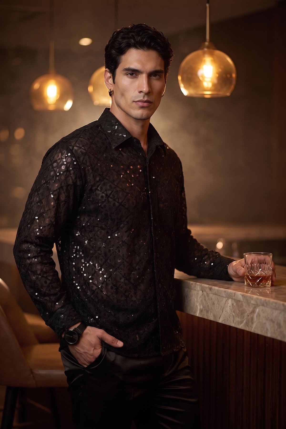 Men's See-Through Sequins Geometric Long-Sleeve Shirt BARABAS 6B07 #Color_Black Black