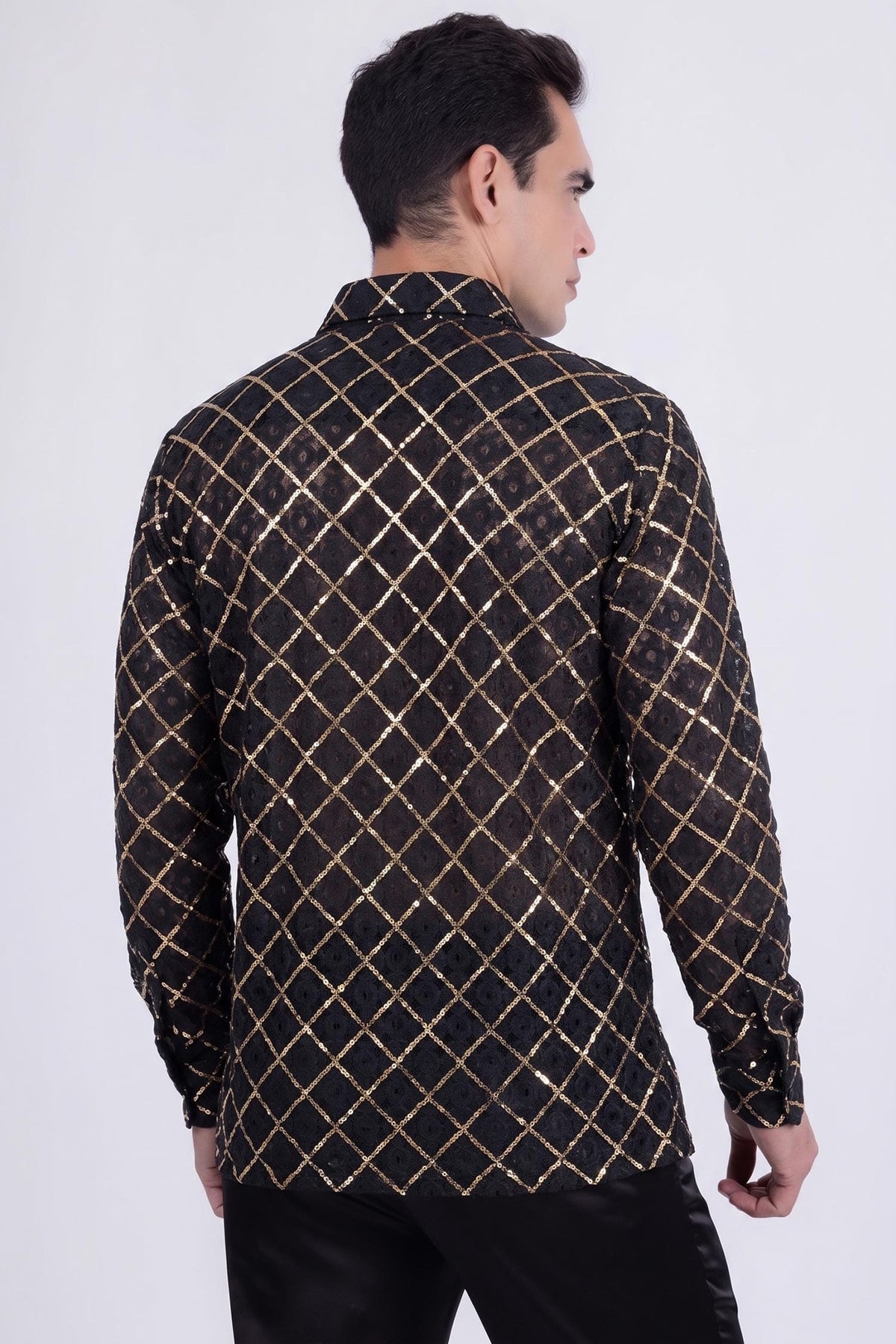 Men's See-Through Sequins Geometric Long-Sleeve Shirt BARABAS 6B07 #Color_Black Gold