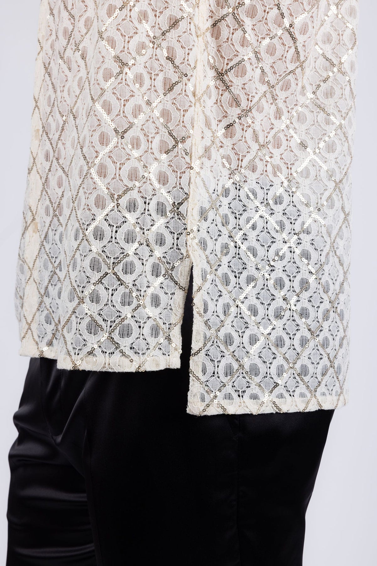 Men's See-Through Sequins Geometric Long-Sleeve Shirt BARABAS 6B07 #Color_Whisper White