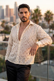 Men's See-Through Sequins Geometric Long-Sleeve Shirt BARABAS 6B07 #Color_Whisper White
