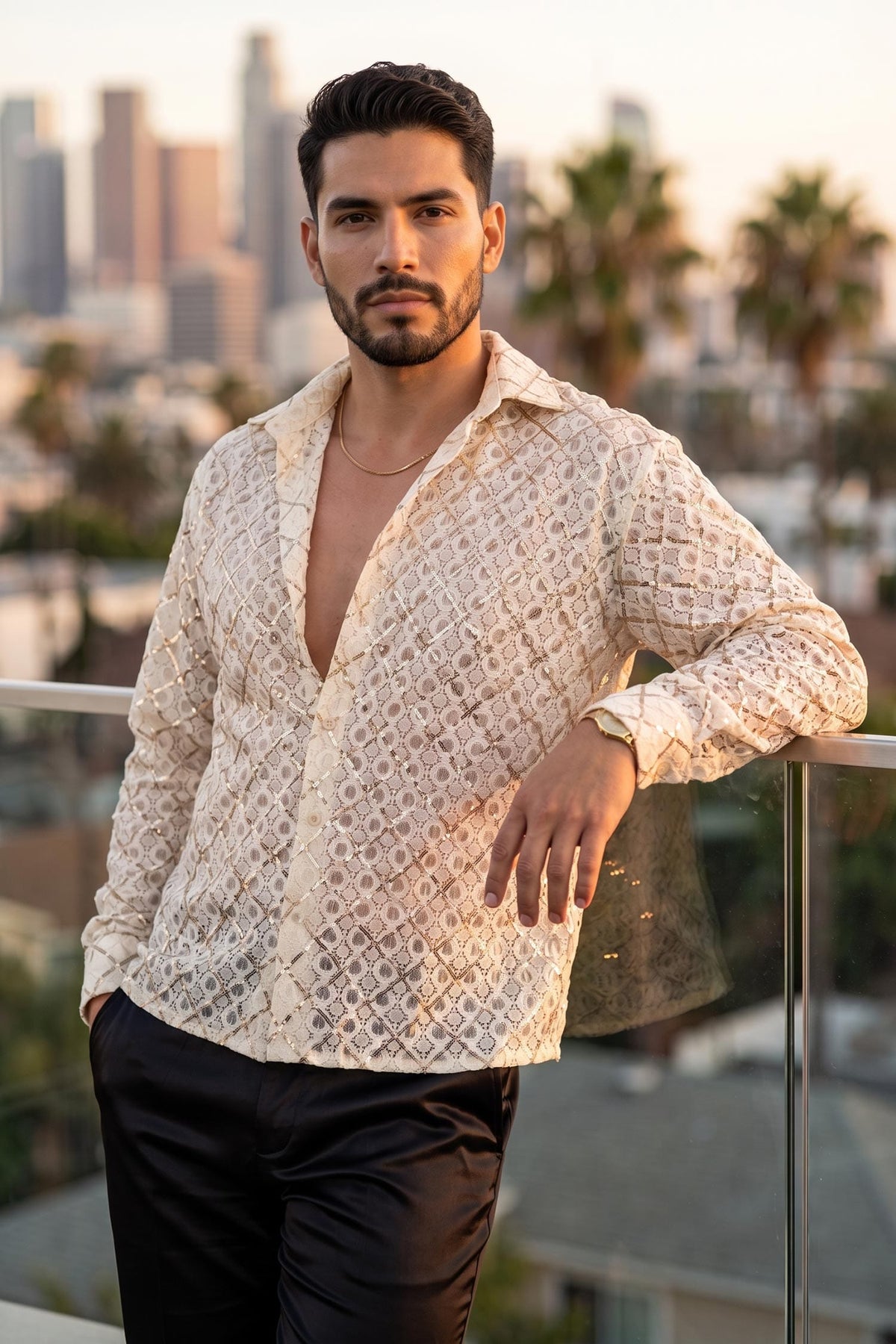 Men's See-Through Sequins Geometric Long-Sleeve Shirt BARABAS 6B07 #Color_Whisper White