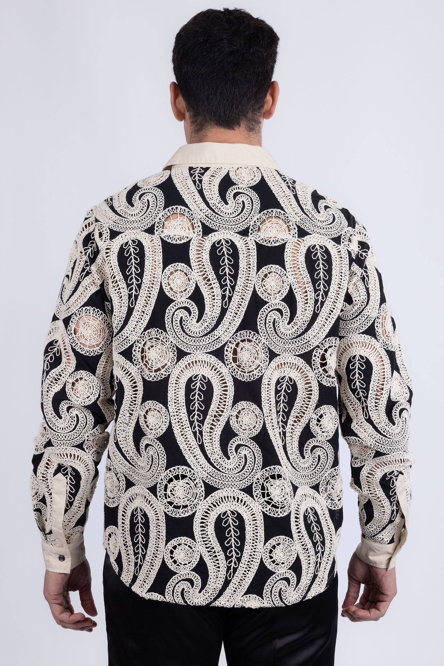 Barabas Men's Paisley Floral See Through Knit Long Sleeve Shirts 6B08 Black Cream