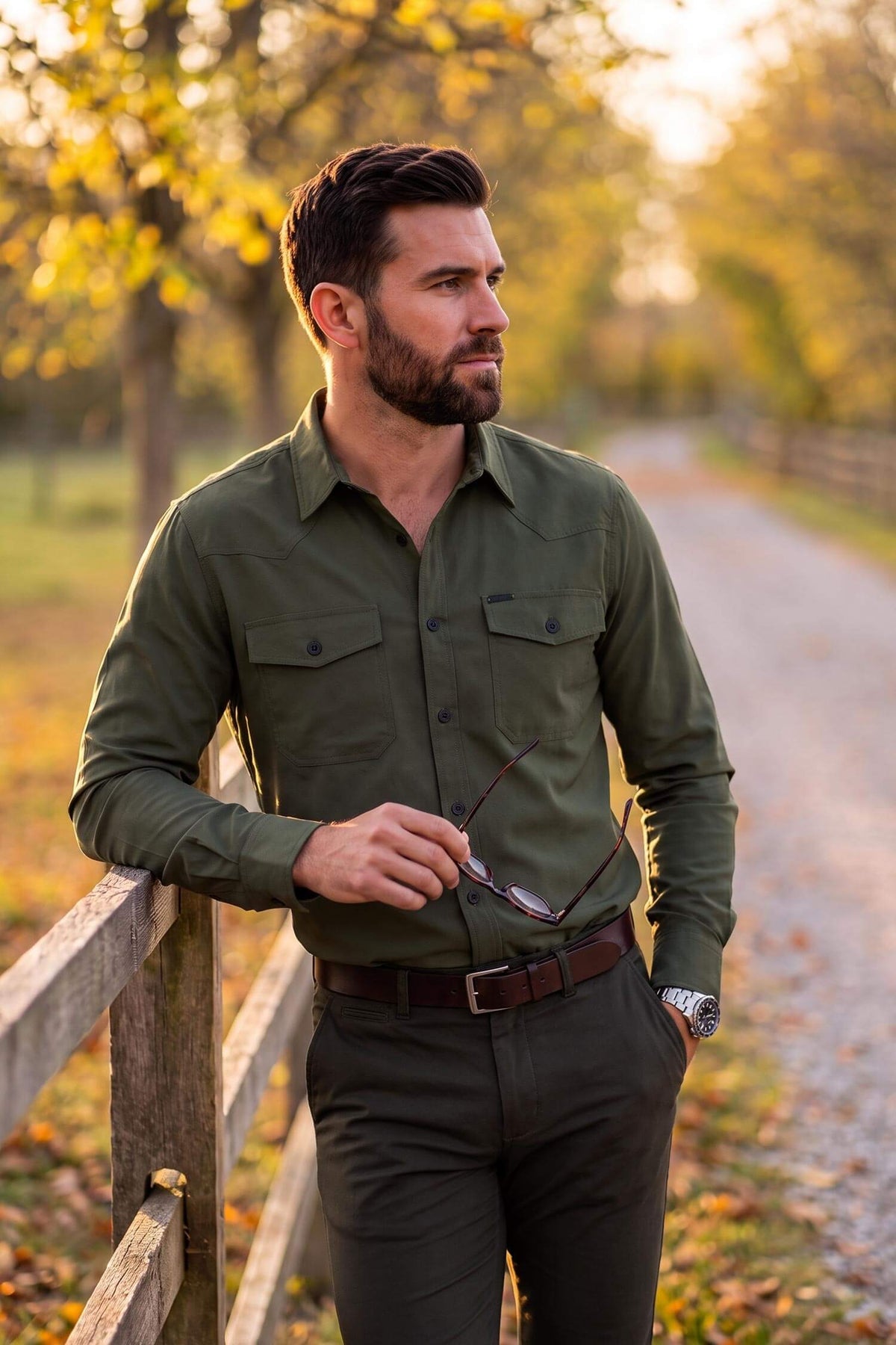 Barabas Men's Western Casual Solid Stretch Long Sleeve Shirt 6B12 #Color_Army Green