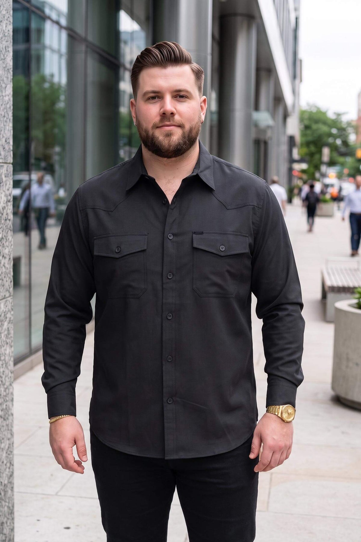 Barabas Men's Western Casual Solid Stretch Long Sleeve Shirt 6B12 #Color_Black
