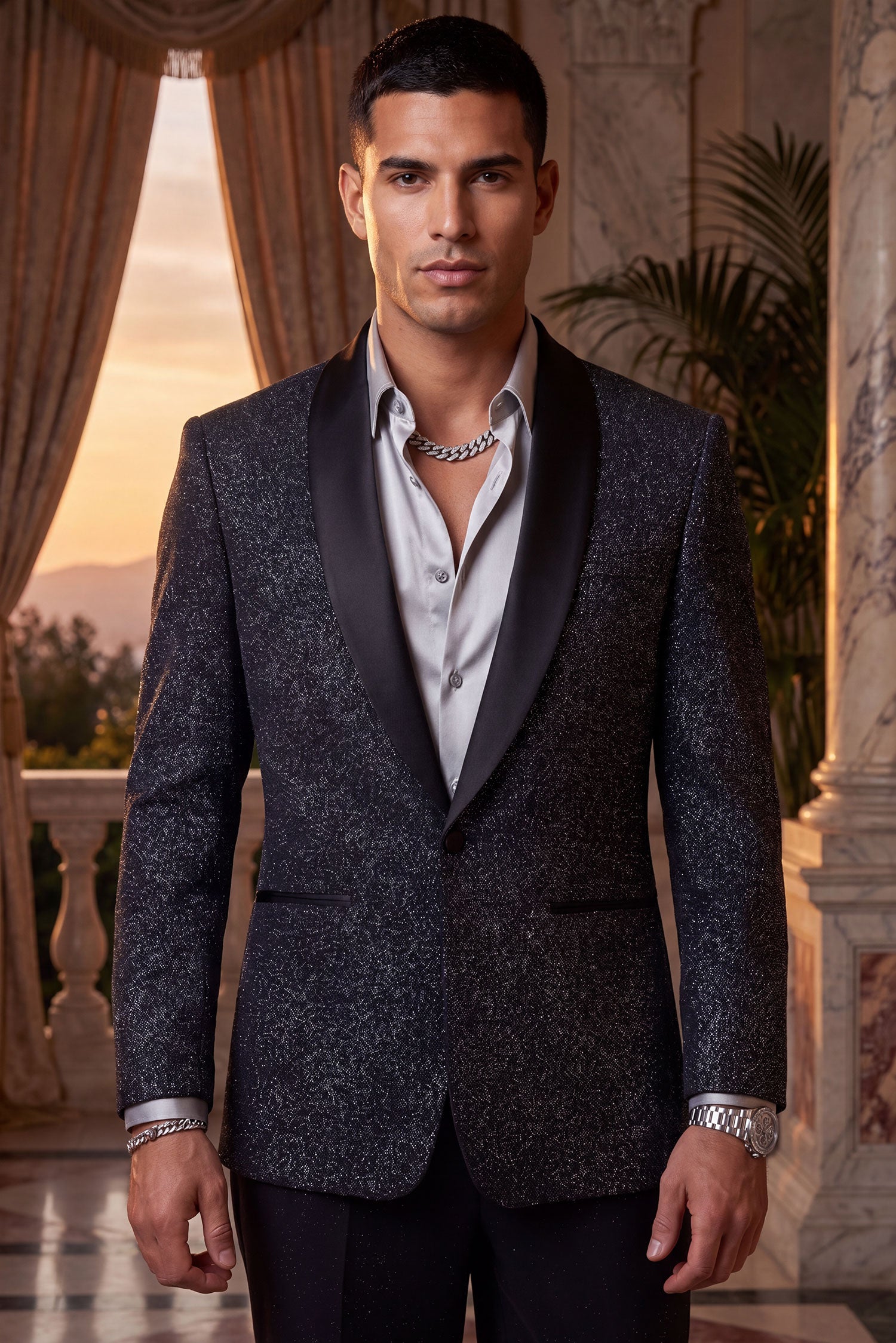 Barabas Men's Glitter Shine Contrasting Shawl Lapel Blazer 6BL07 Black Silver