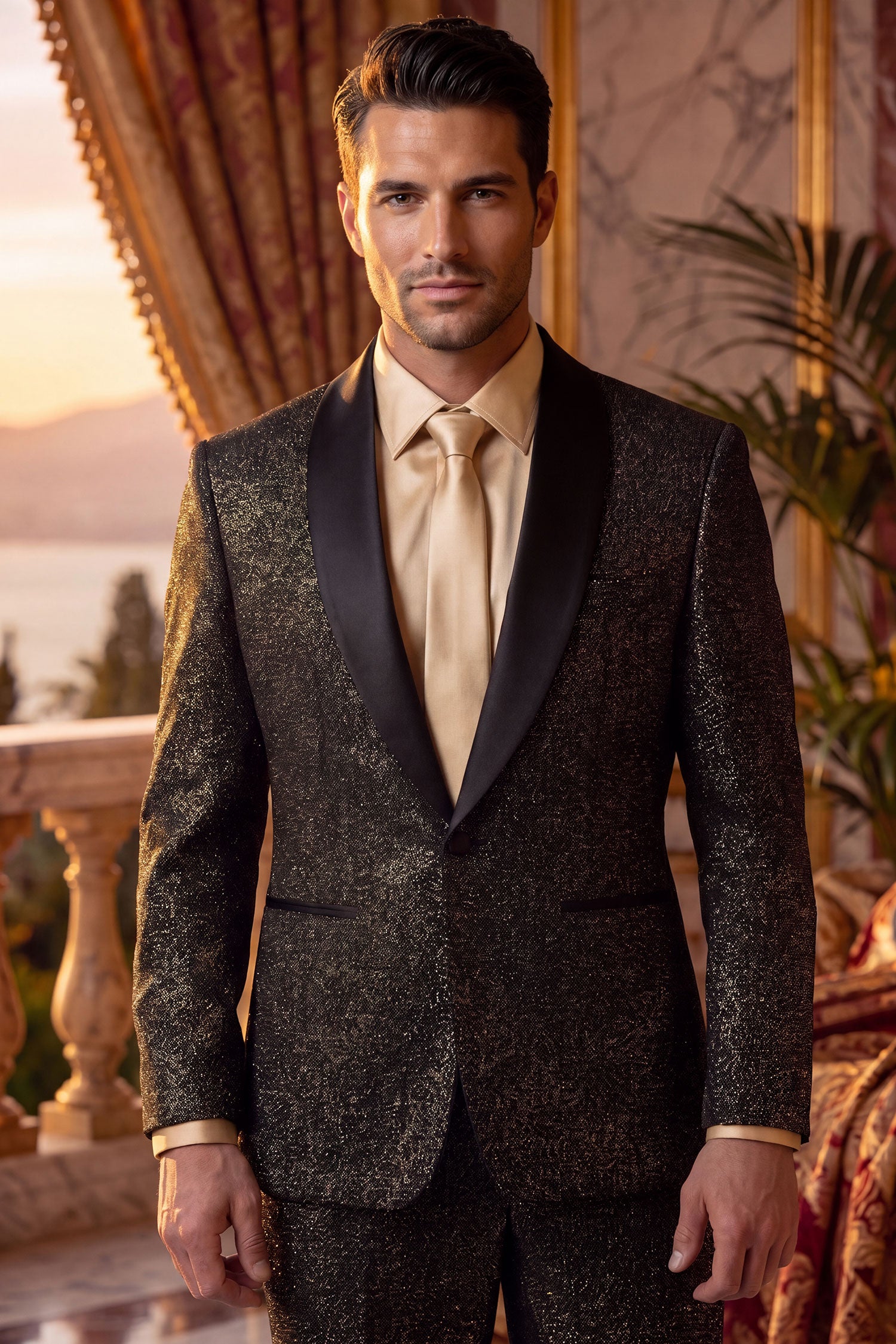 Barabas Men's Glitter Shine Contrasting Shawl Lapel Blazer 6BL07 Black Gold