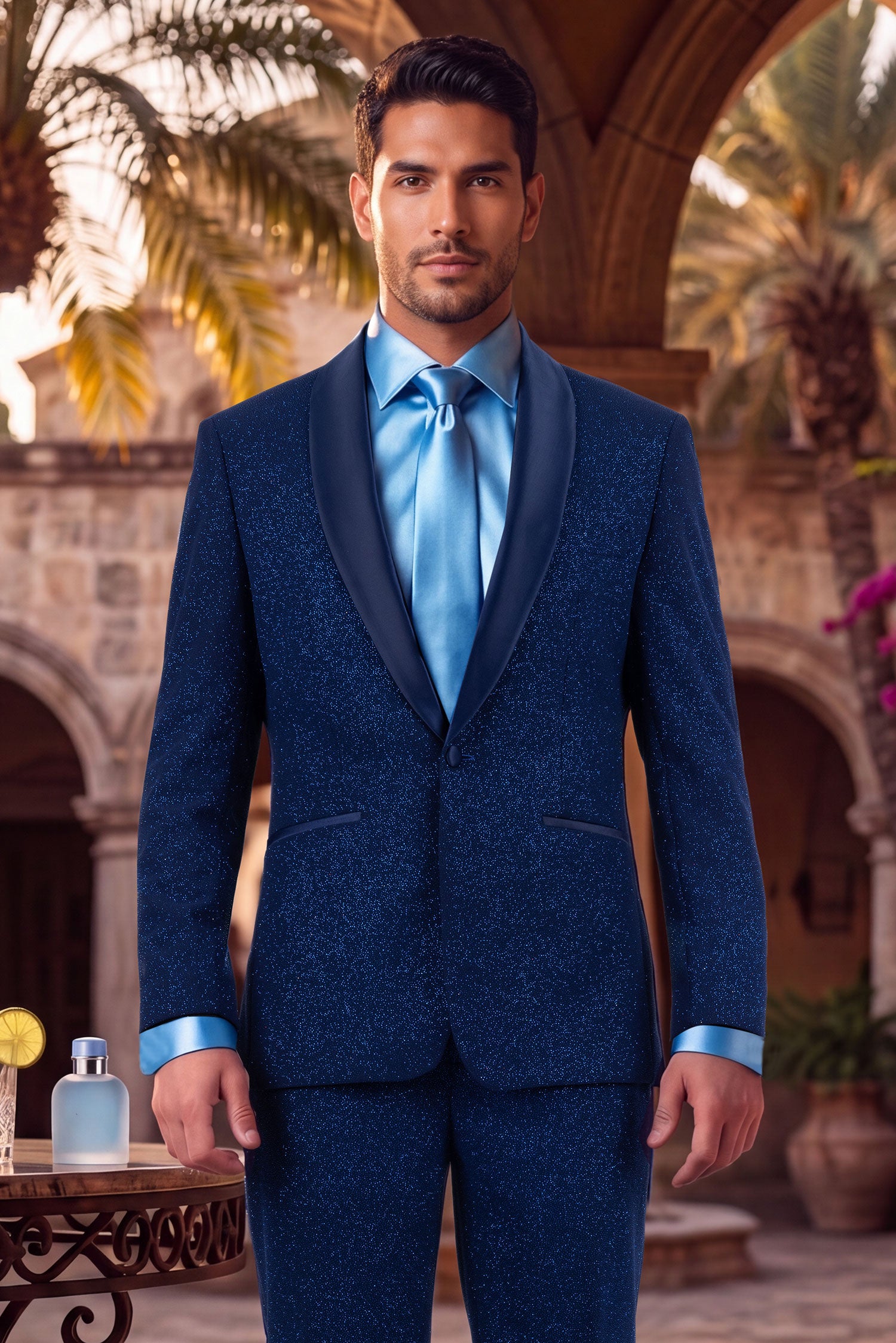 Barabas Men's Glitter Shine Contrasting Shawl Lapel Blazer 6BL07 Estate Blue