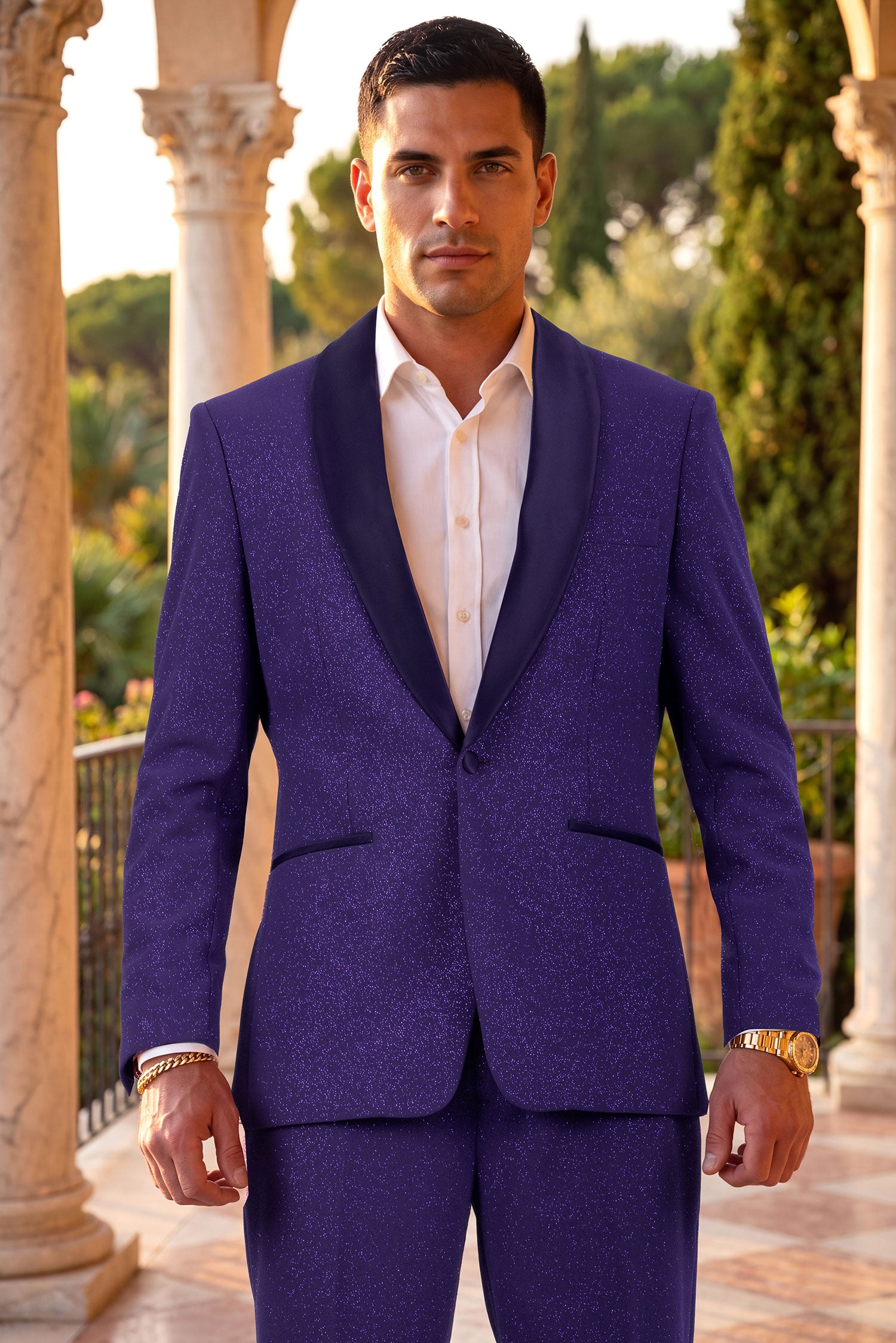 Barabas Men's Glitter Shine Contrasting Shawl Lapel Blazer 6BL07 Purple