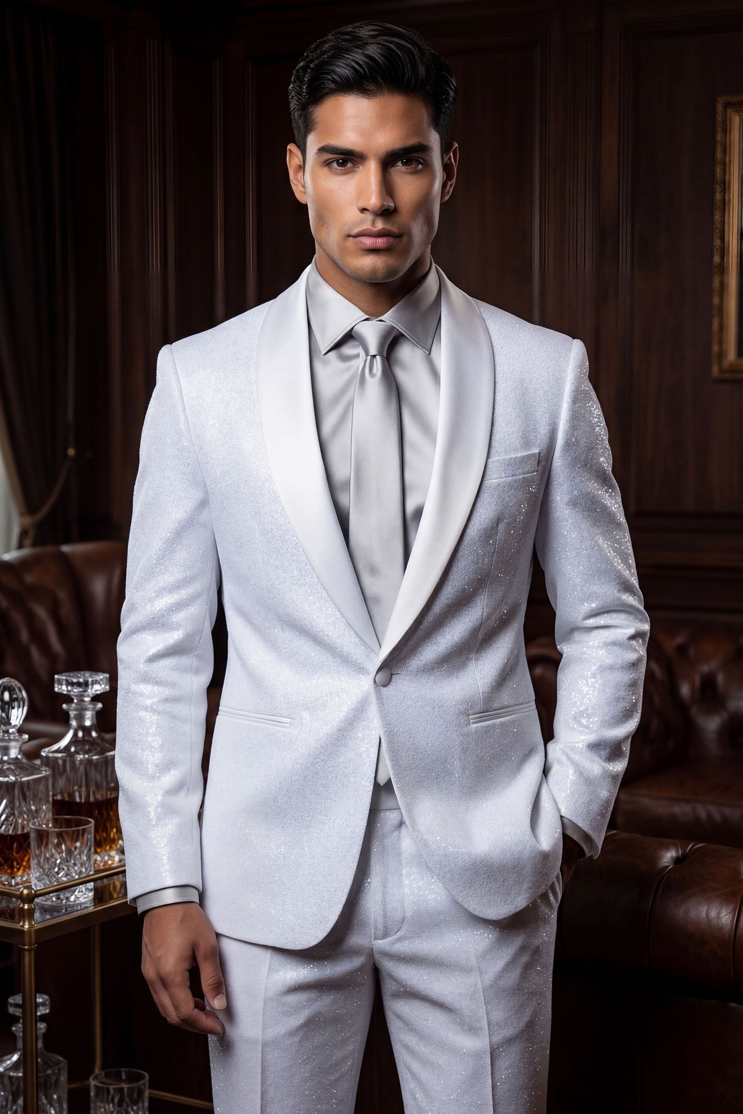 Barabas Men's Glitter Shine Contrasting Shawl Lapel Blazer 6BL07 White Silver