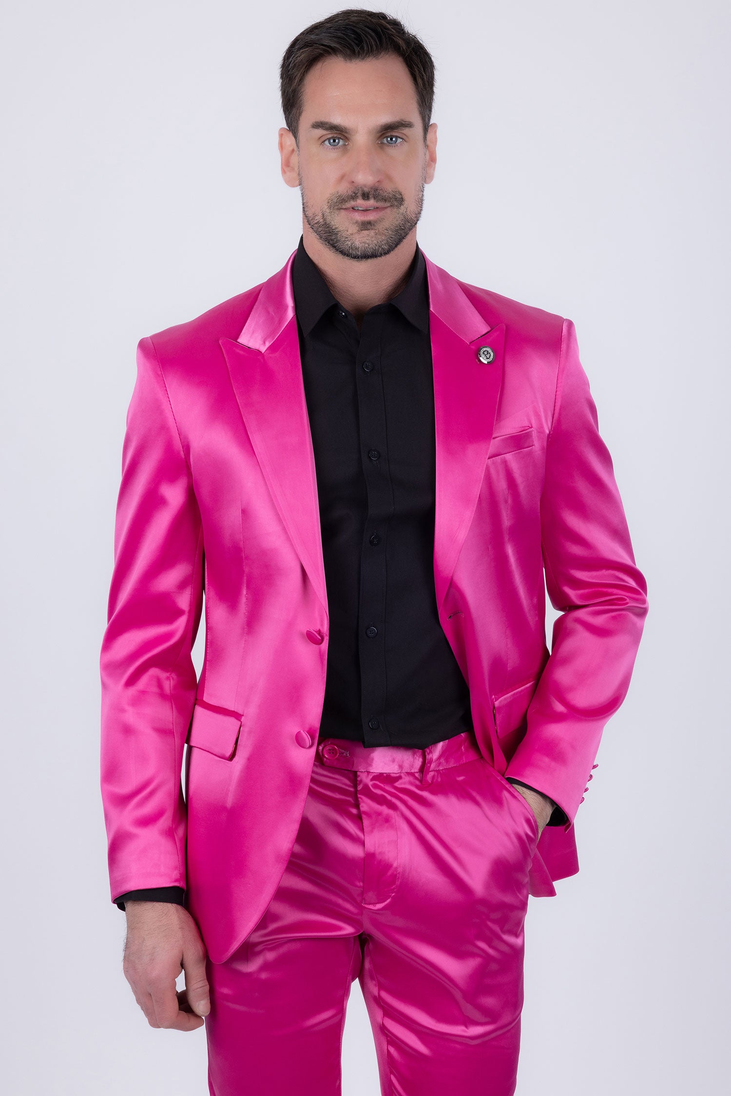 Barabas Men's Solid Color Satin Metallic Peak Lapel Blazer 6BL1010 Fuchsia