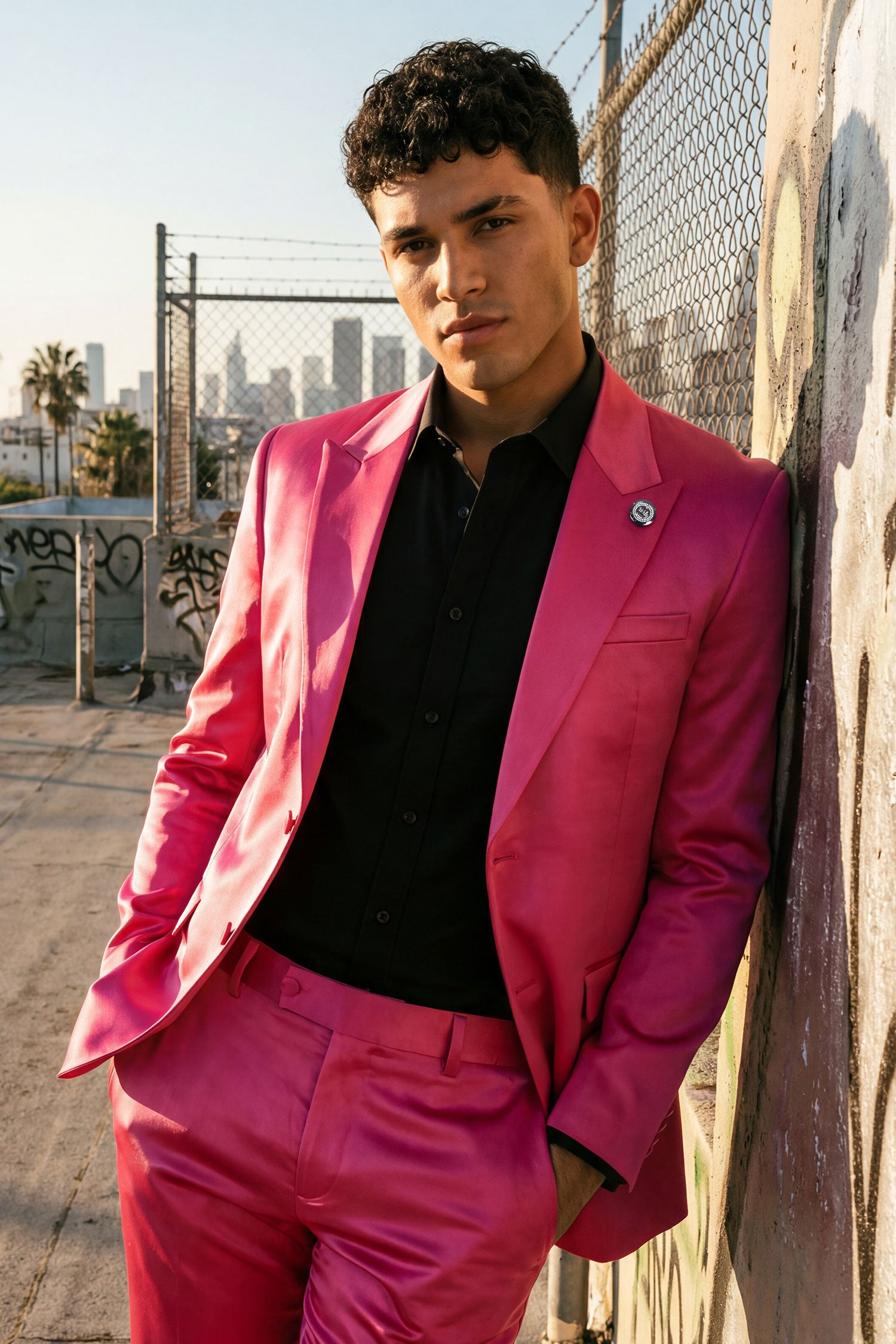 Barabas Men's Solid Color Satin Metallic Peak Lapel Blazer 6BL1010 Fuchsia