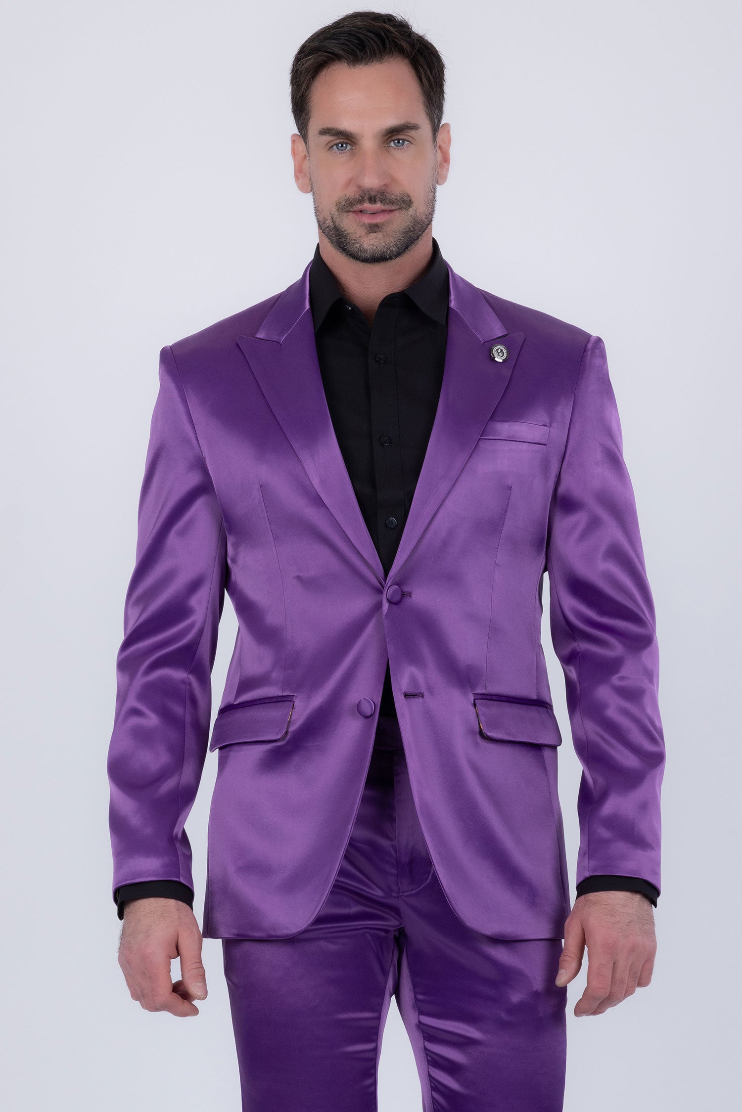 Barabas Men's Solid Color Satin Metallic Peak Lapel Blazer 6BL1010 Purple