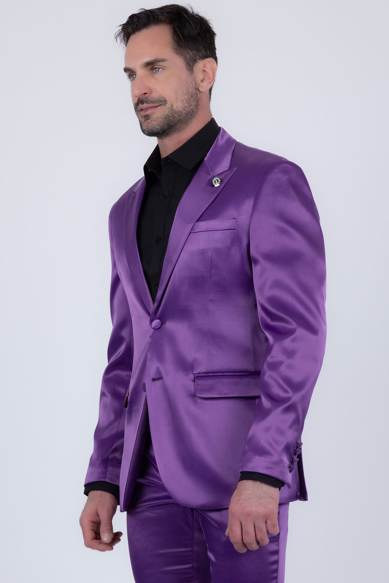 Barabas Men's Solid Color Satin Metallic Peak Lapel Blazer 6BL1010 Purple