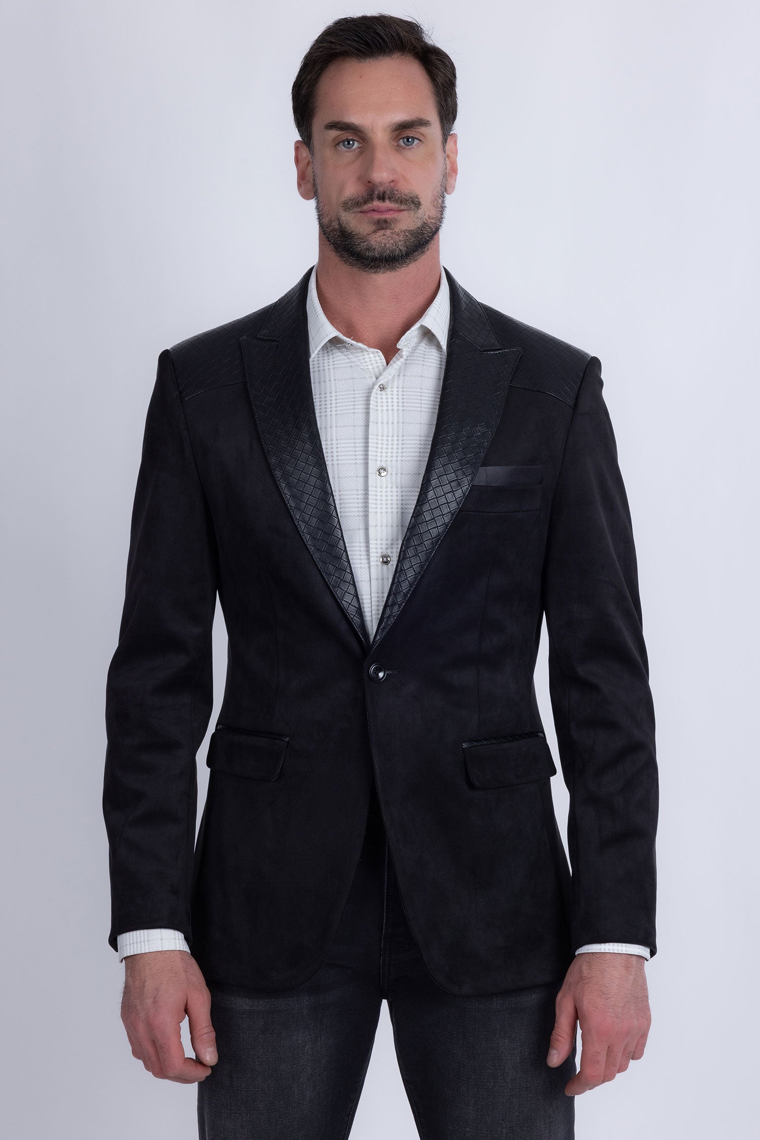 Barabas Men's Faux Leather Lapel Patterned Peak Lapel Blazer 6BLW01 Black