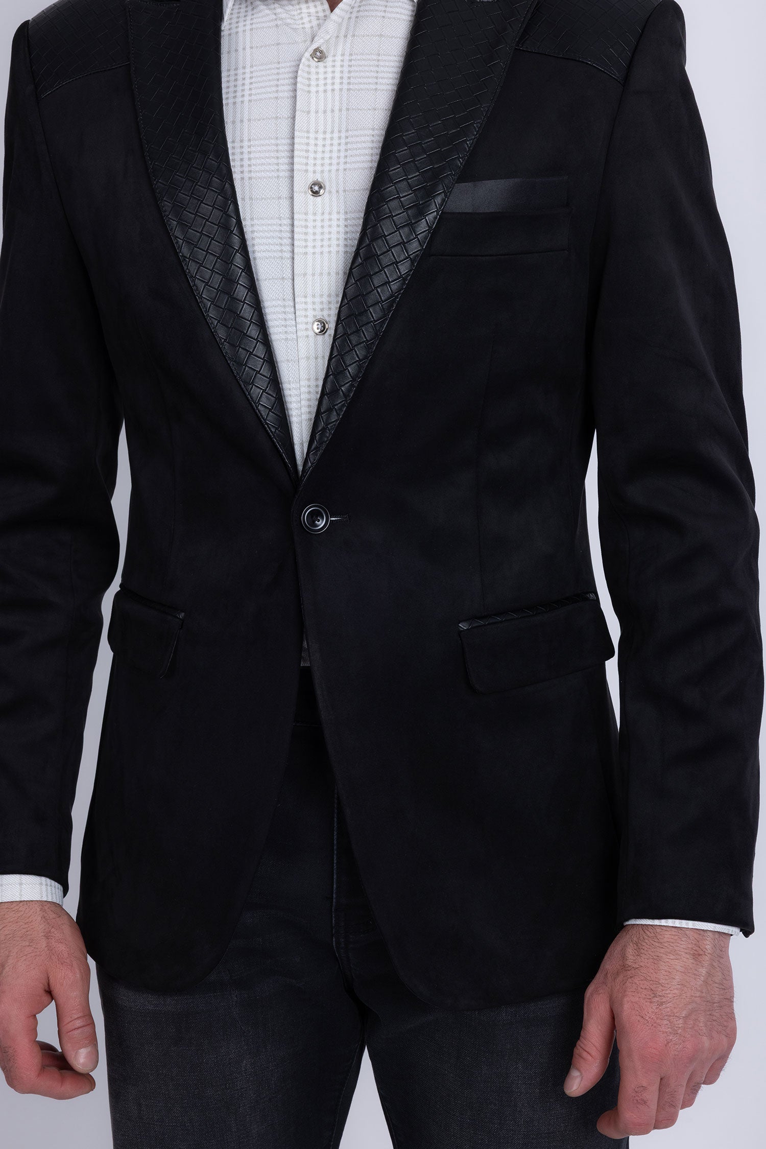 Barabas Men's Faux Leather Lapel Patterned Peak Lapel Blazer 6BLW01 Black