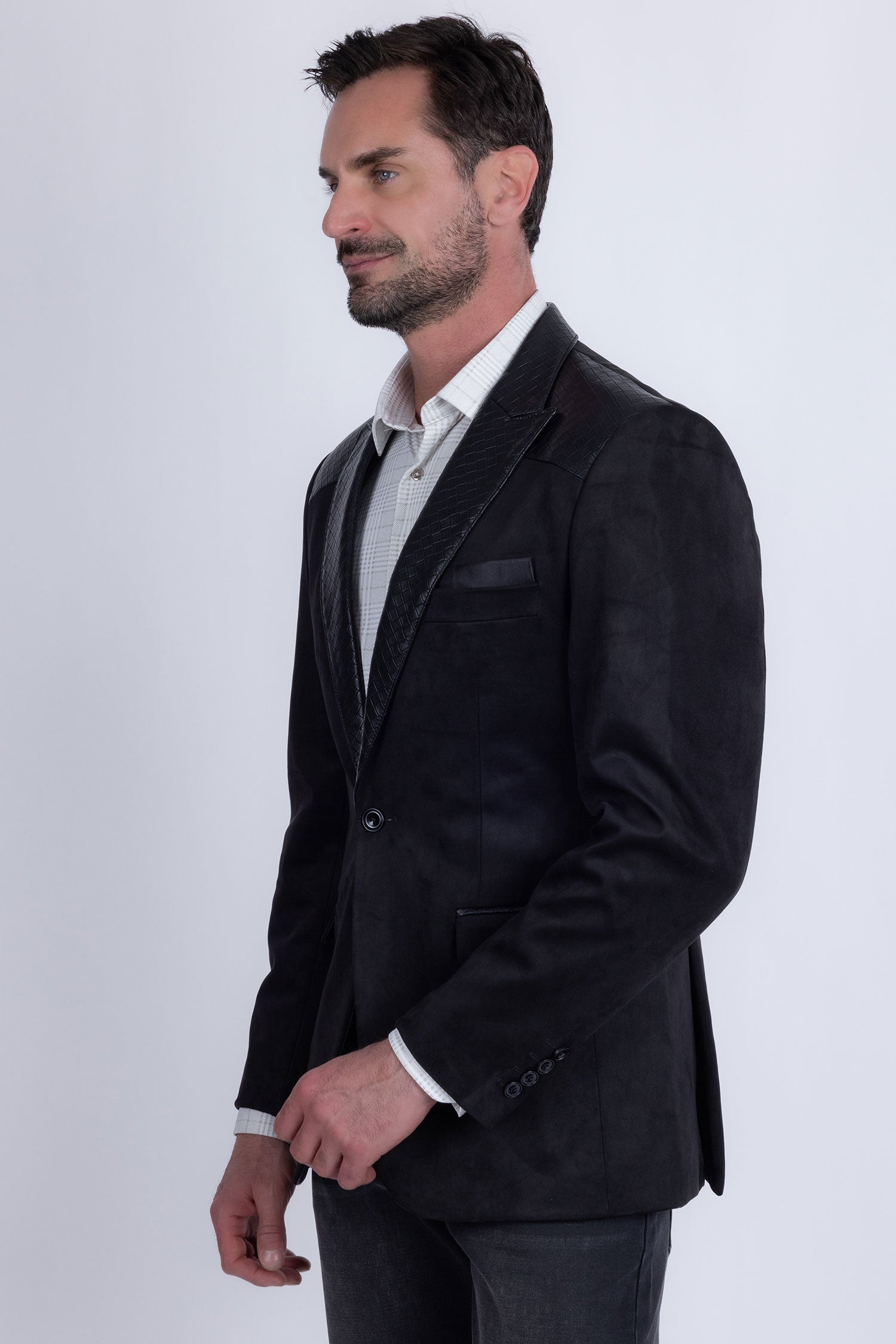 Barabas Men's Faux Leather Lapel Patterned Peak Lapel Blazer 6BLW01 Black