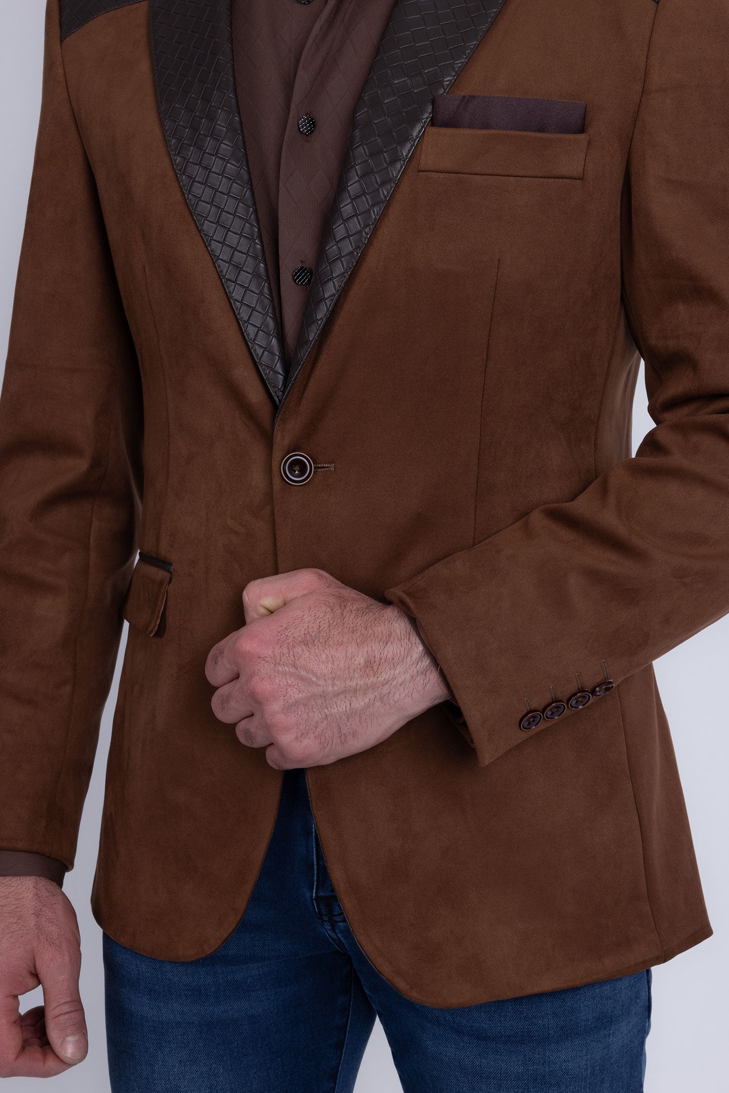 Barabas Men's Faux Leather Lapel Patterned Peak Lapel Blazer 6BLW01 Brown