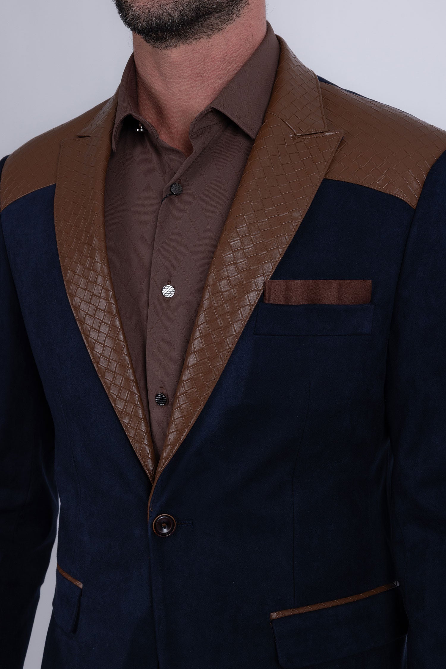 Barabas Men's Faux Leather Lapel Patterned Peak Lapel Blazer 6BLW01 Navy