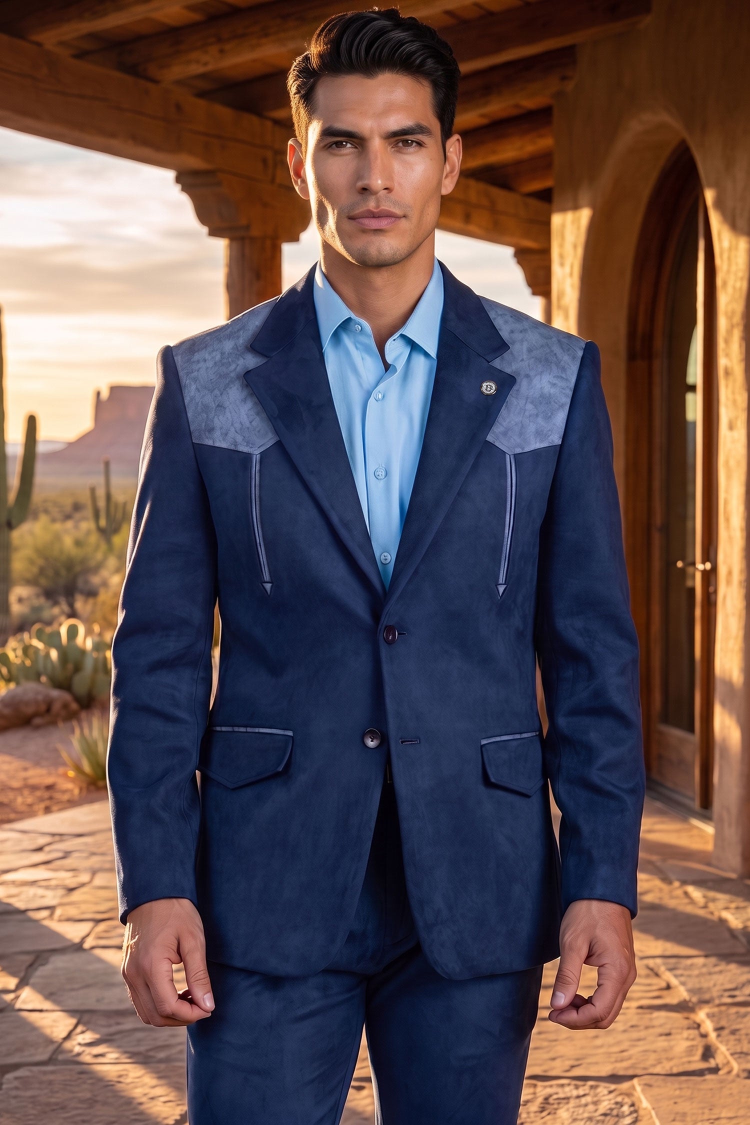 Barabas Men's Suede Western Design Notch Lapel Blazer 6BLW02 Estate Blue